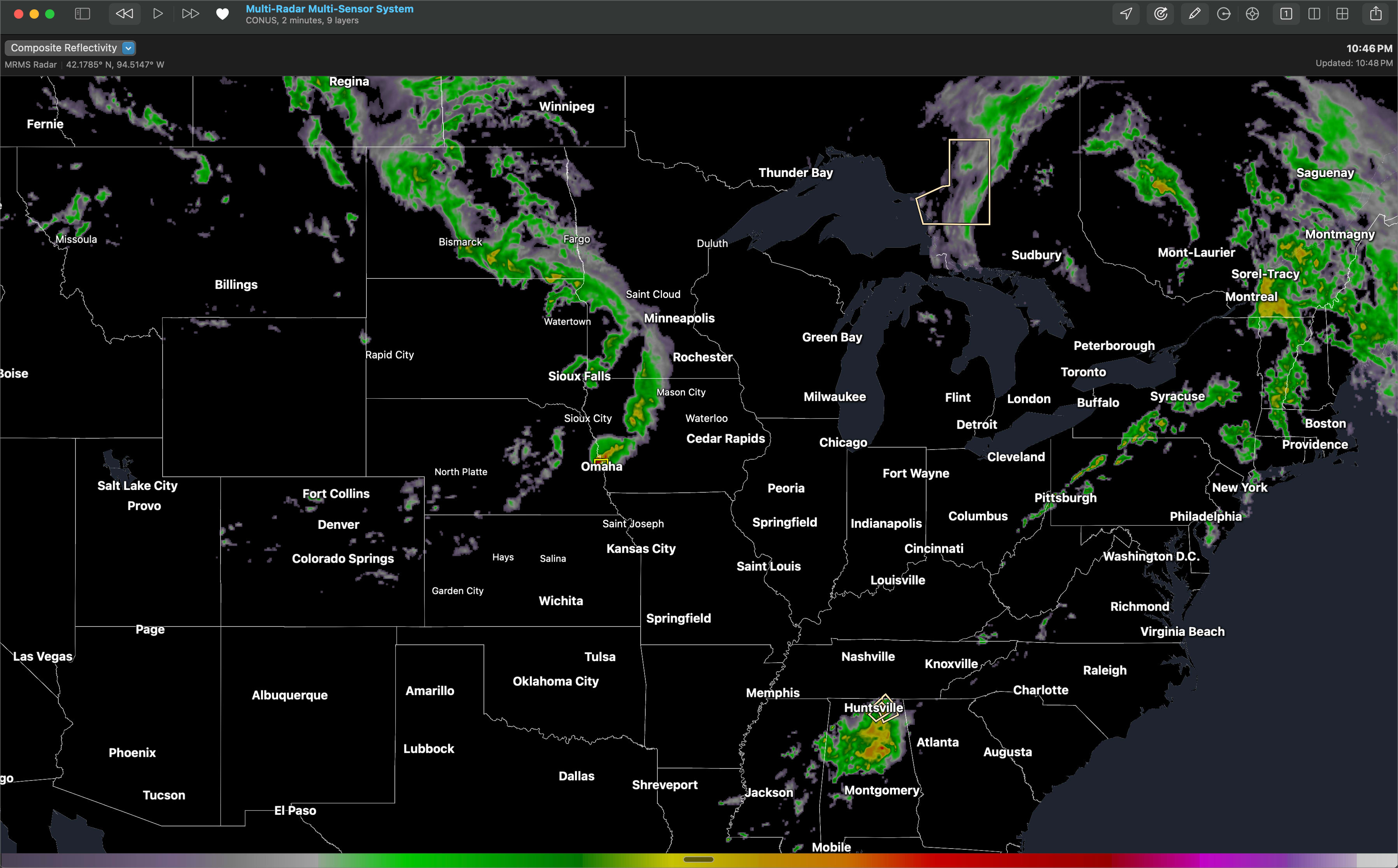 Image 21. Multi-Radar Multi-Sensor composite reflectivity showing a line of severe thunderstorms.