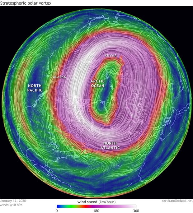 Image 1. Wind Speeds depicting the speed and scale of the Polar Vortex.