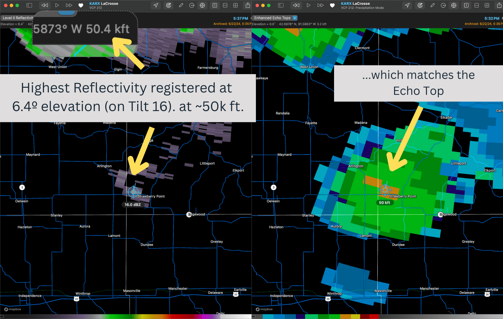 Image 7. Side by side image showing highest reflectivity and Echo Top