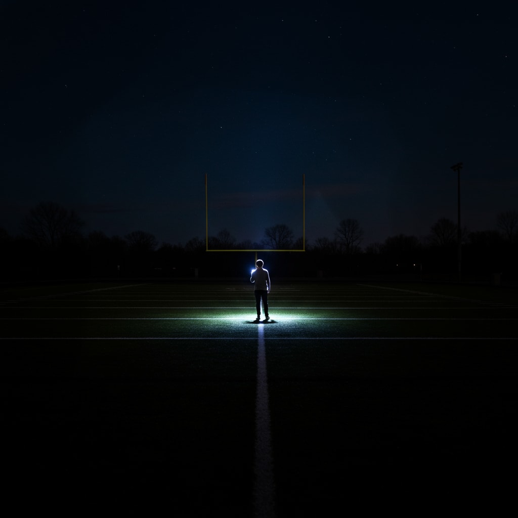 Image 3. a person shining a flashlight across a field, dimly lighting the background