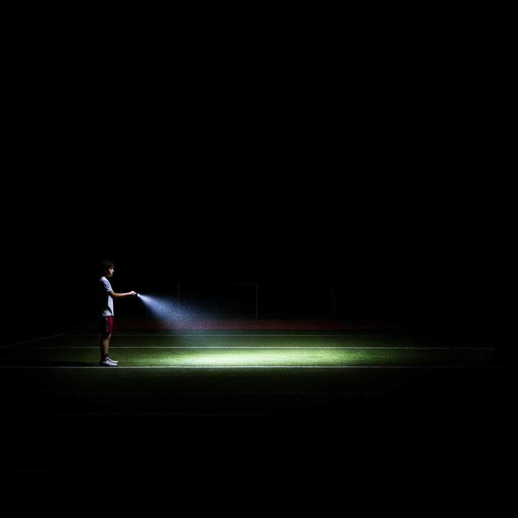 Image 2. a person shining a flashlight, brightly illuminating the foreground