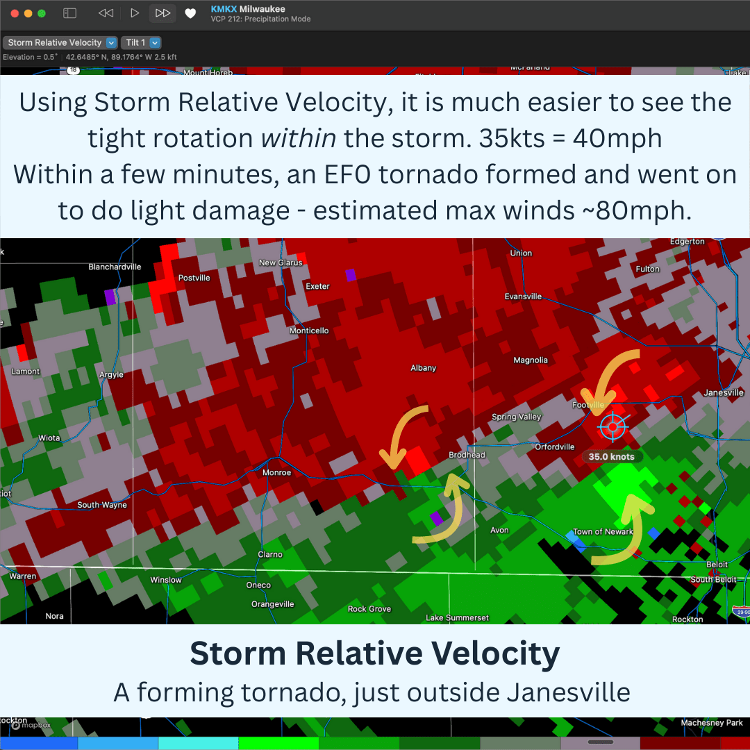 Image 5. Storm Relative Velocity removes storm motion and shows clear rotation signature
