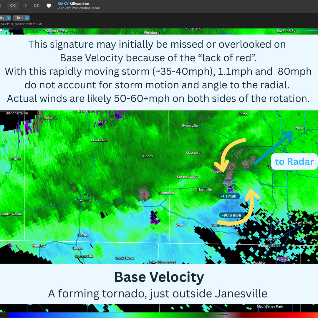 Image 4. Base Velocity image with storm moving towards radar, showing most velocities registering 'towards' radar