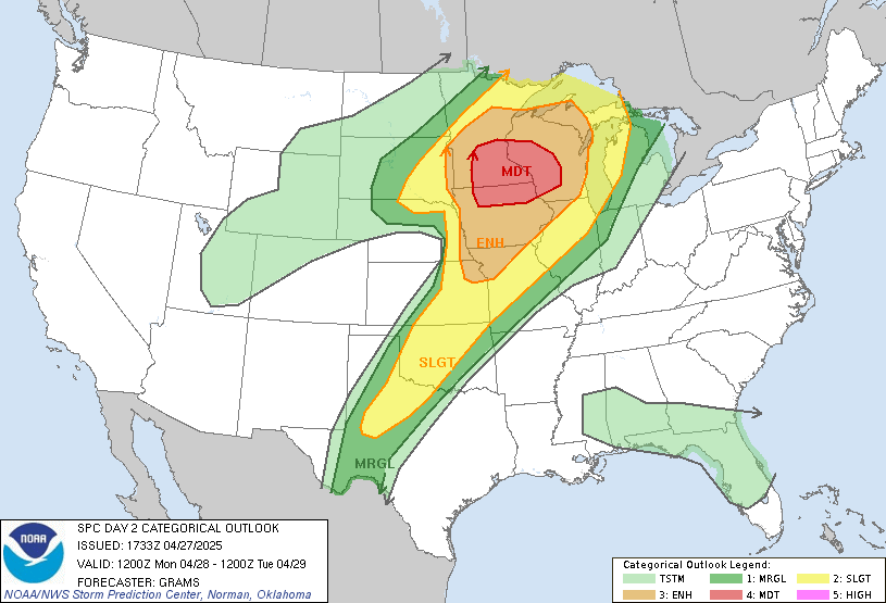 Image 2. SPC Day 2 Categorical Outlook for April 28, 2025