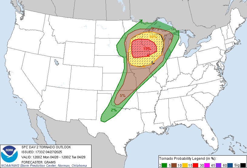 Image 3. SPC Day 2 Tornado Outlook for April 28, 2025