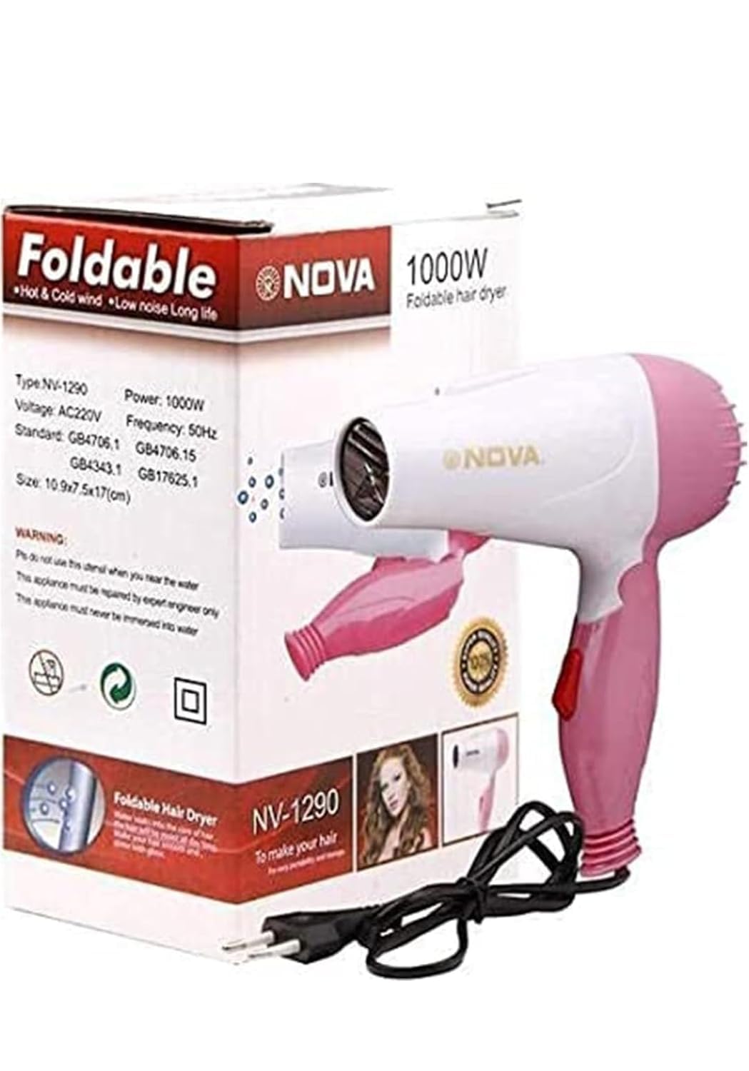 NOVA NV-1290 Hair Dryer with foldable handle, 1000Watt