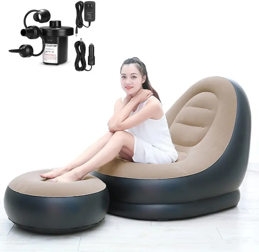 Inflatable Deluxe Lounge Chair Sofa & Foot Stool with Soft Plush Fabric