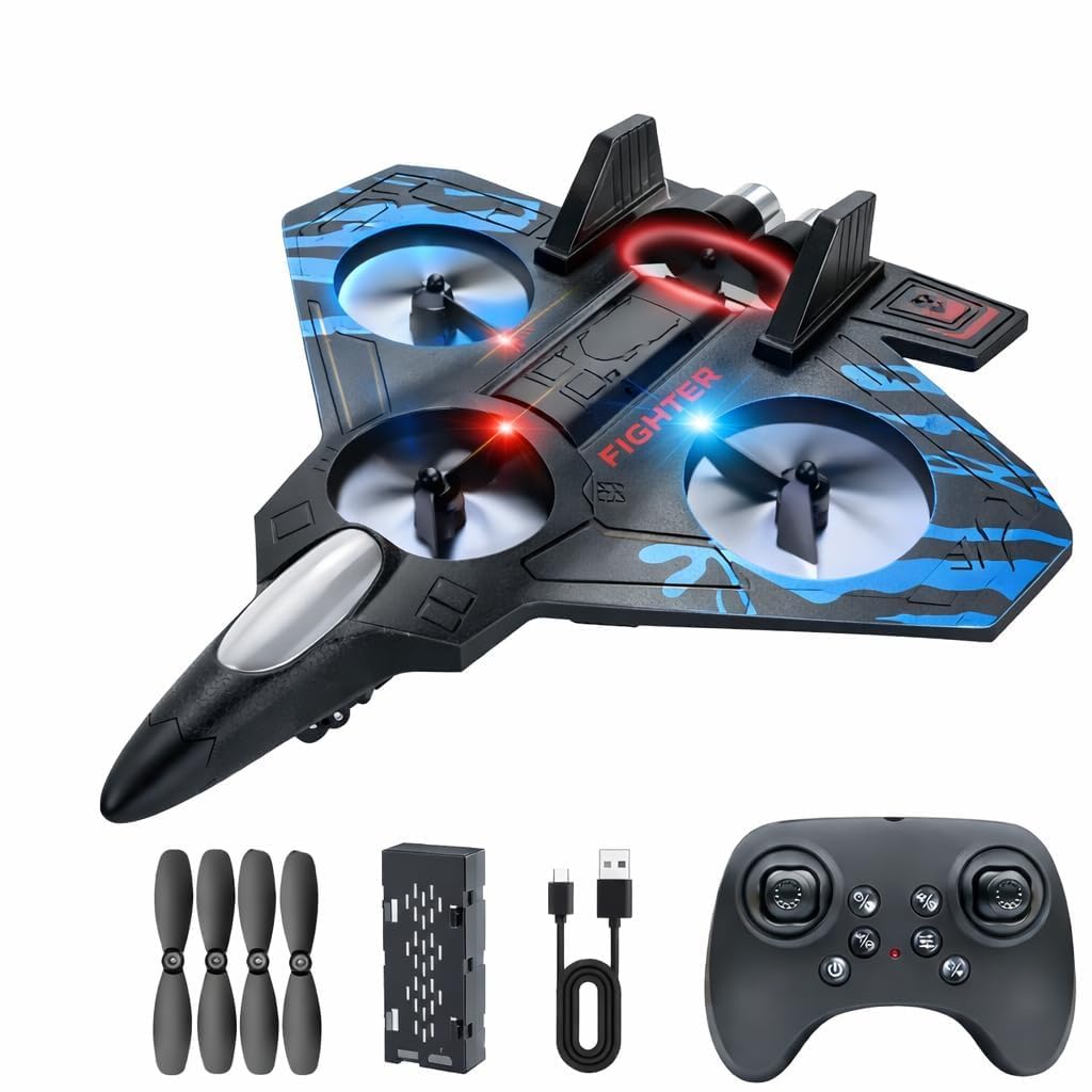 FLASHFUSIONS RC Aeroplane 2.4GHz Remote Controlled Aeroplane L0712 Quadcopter Floating Fighter Plane RC Aeroplane RTF for Beginners, Children and Adults, APlane Toy with Coloured Lights USB Charging