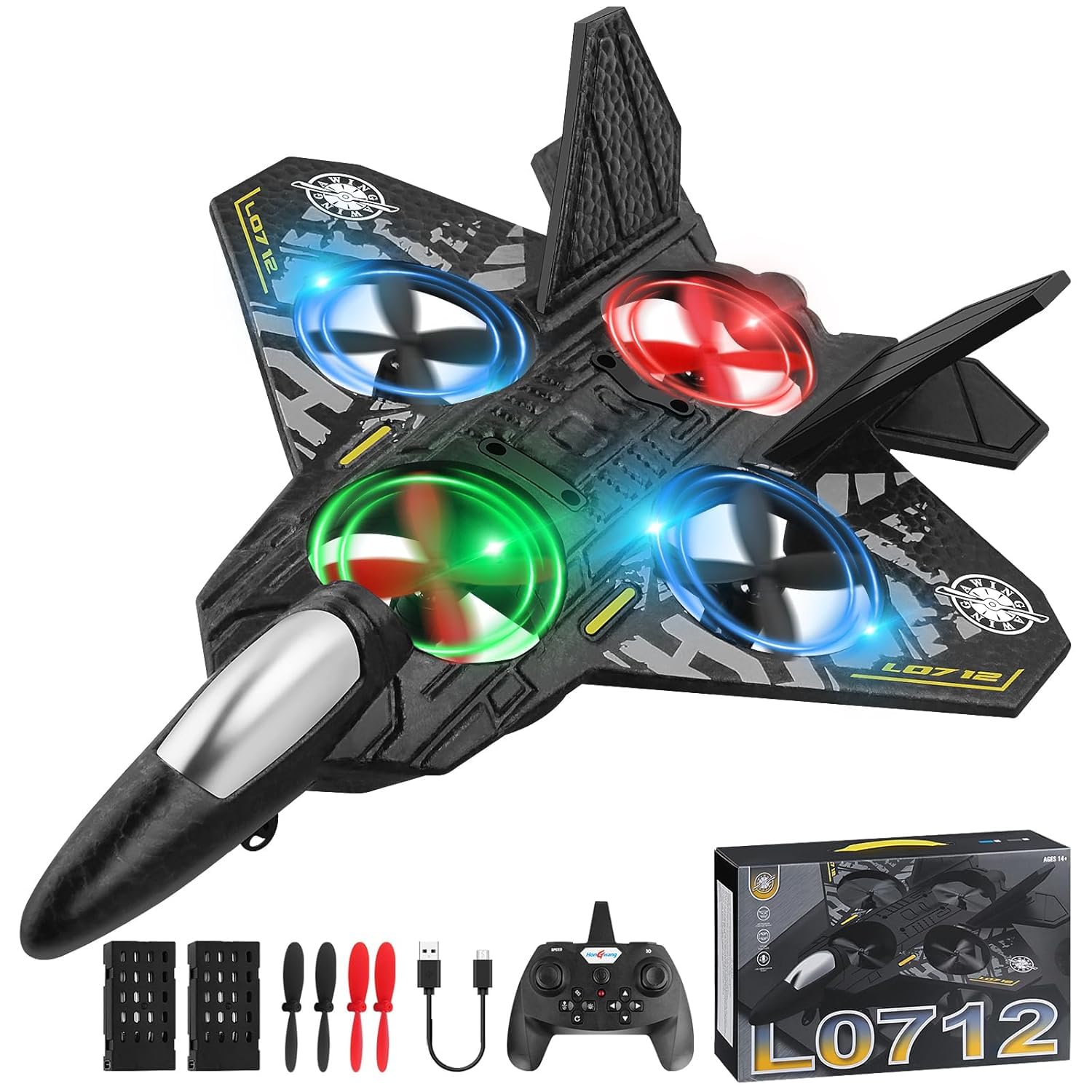 Threeking Remote Control Airplane with Camera for Kids, RC Camera Glider Plane with Light Foam Aeroplane Fighter Jet for Kids Adults 360° Flip, Stunt Roll, Camera Drones Toy (Black)