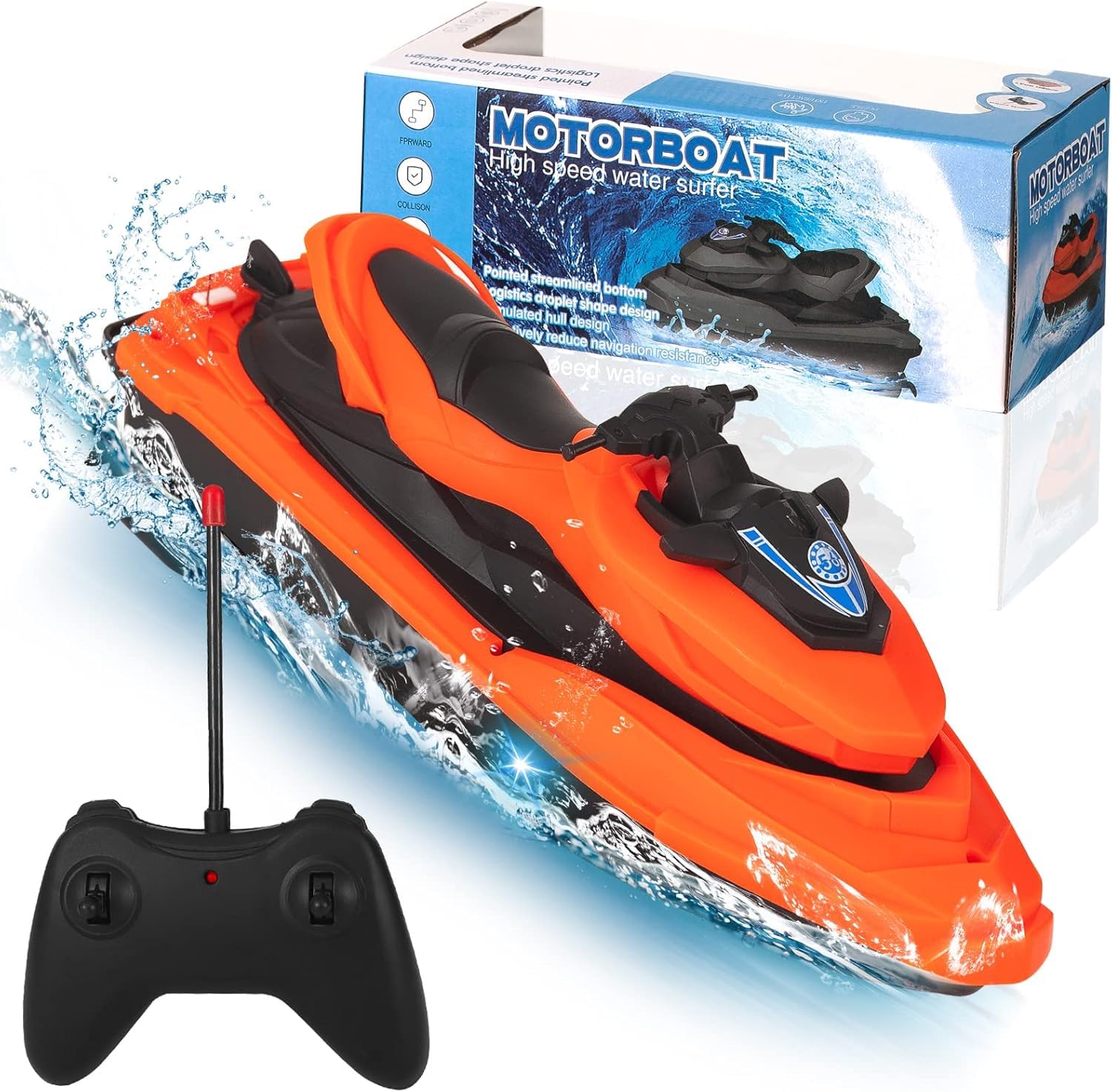 Jack Royal Remote Control Jet Ski for Pool and Lake, Motorized Rc Boat Floating Toys for Kids (Orange)