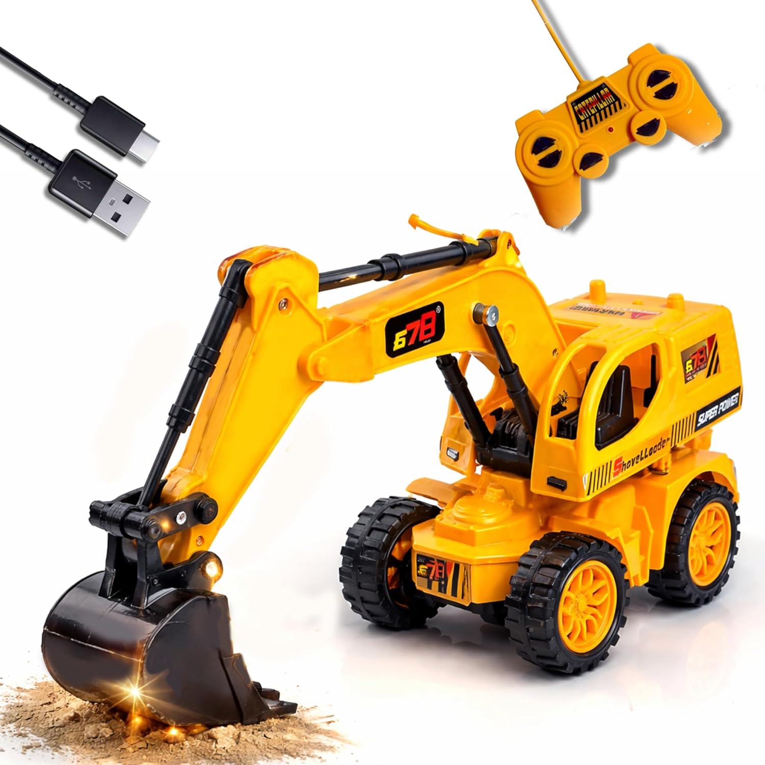 Remote control Excavator JCB Toy Car For Kids, Heavy Duty Construction Vehicle with Moving arm and Bucket Shovel, Anti-Skid Rubber Tires, Realistic Indoor Outdoor bulldozer digger for Boys and Girls