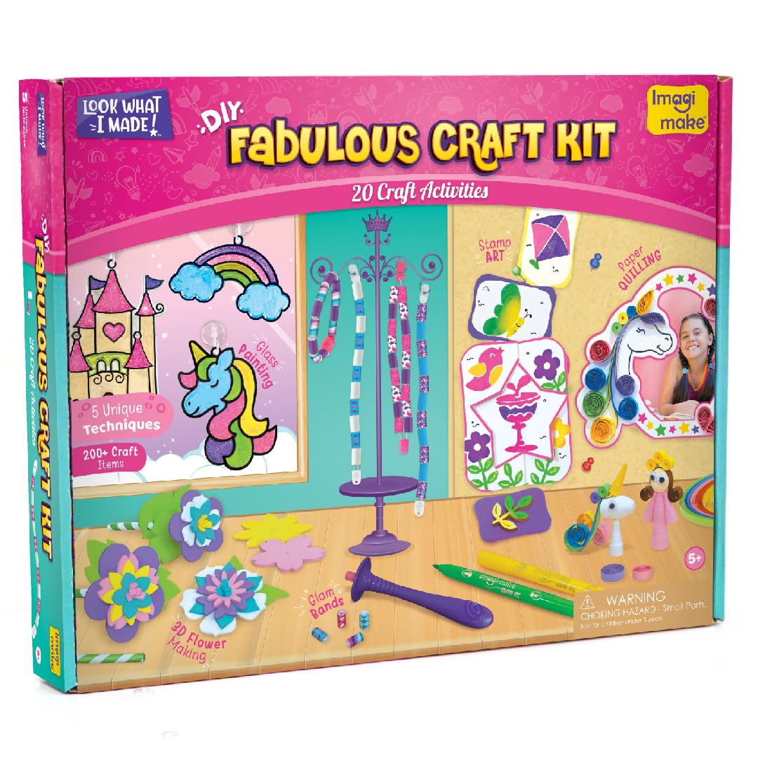 Imagimake Fabulous Craft Kit 5-in-1 Arts & Crafts Set for Kids Glass Painting, Paper Quilling, Stamp Art & More Fun DIY Gift for Girls Ages 5-9