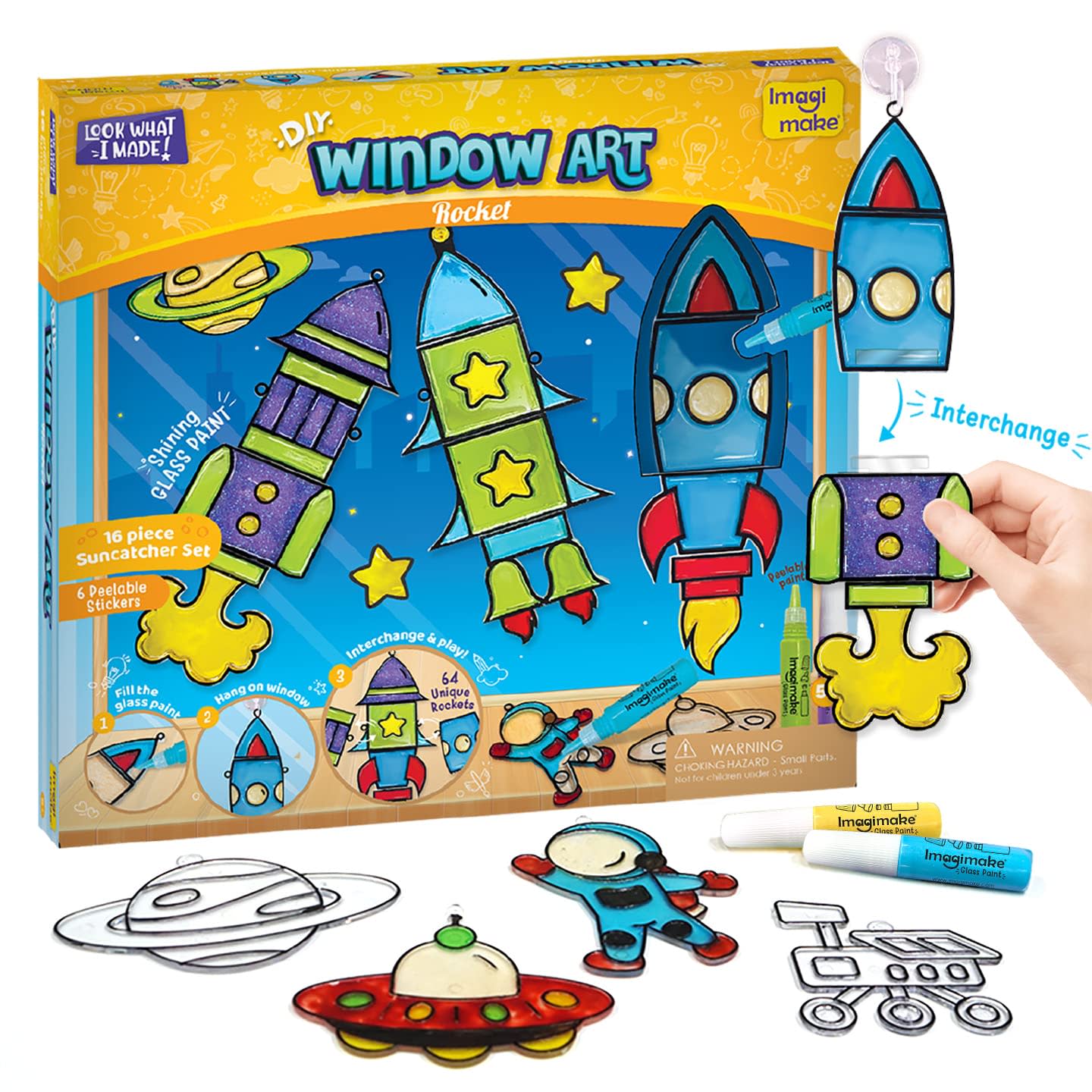 Imagimake Window Art - Rocket - 16 Pieces Glass Painting Set - Astronaut, Rover, Space Designs - Craft Kit for Boys & Girls 5 Years & Above, Multicolor