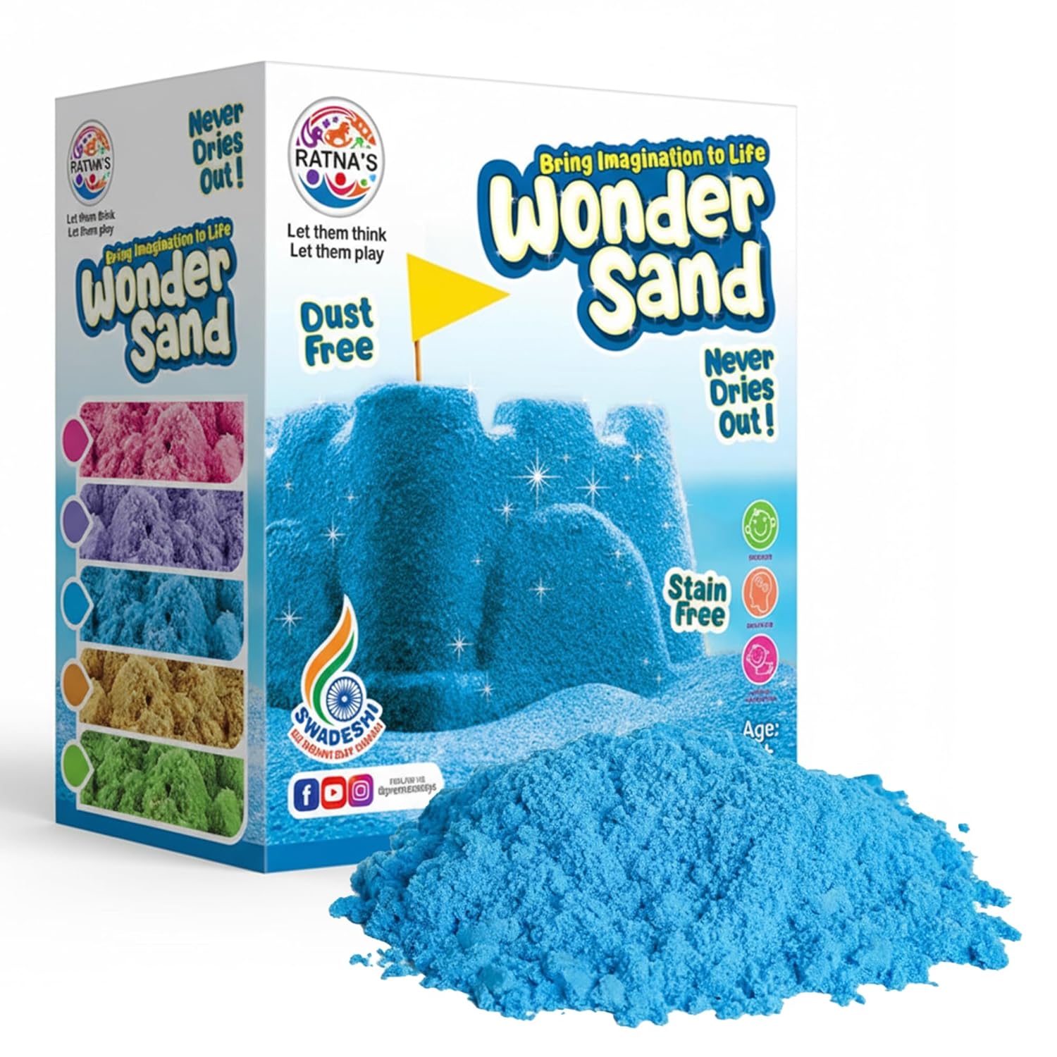 RATNA'S Wonder Sand 500 Grams for Kids - Smooth Non-Sticky Blue Sand with Big Mould for Indoor Beach Fun and Relaxation(Blue 500 Grams), ONE Big Mould Inside (Without Tray)