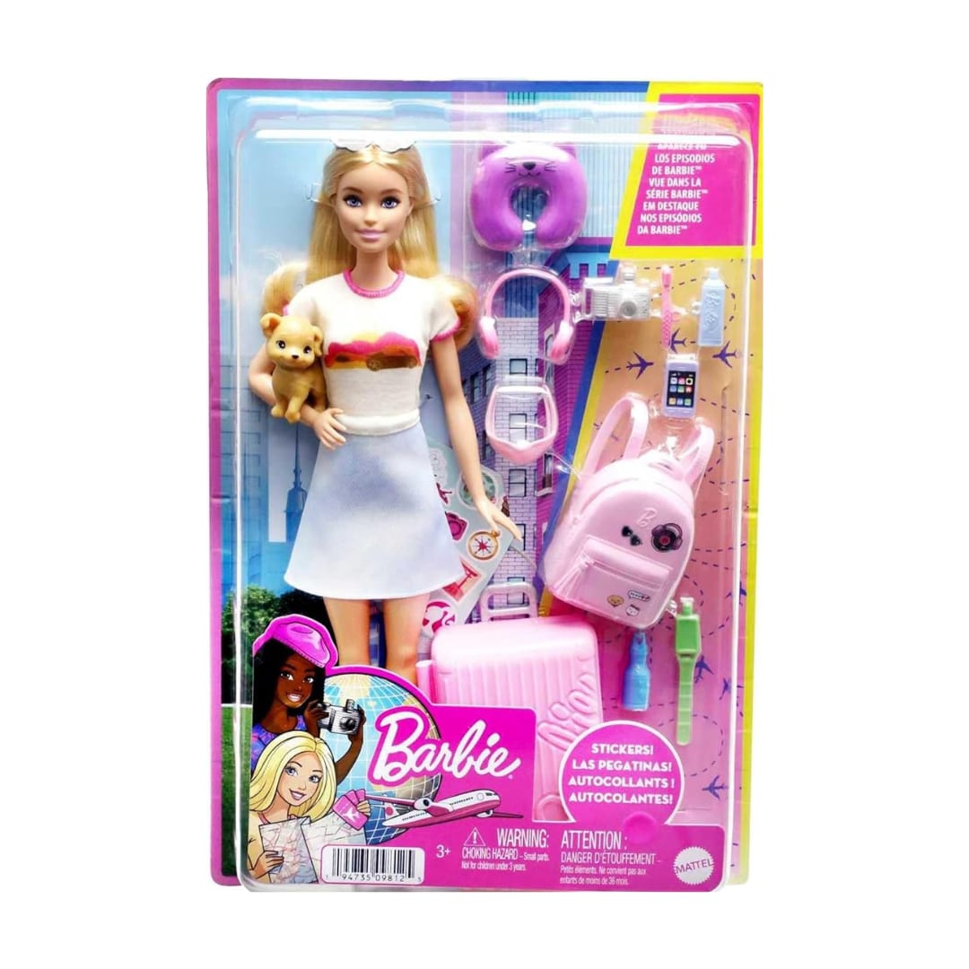 Barbie Doll and Accessories, “Malibu” Travel Set with Puppy and 10+ Pieces Including Working Suitcase​
