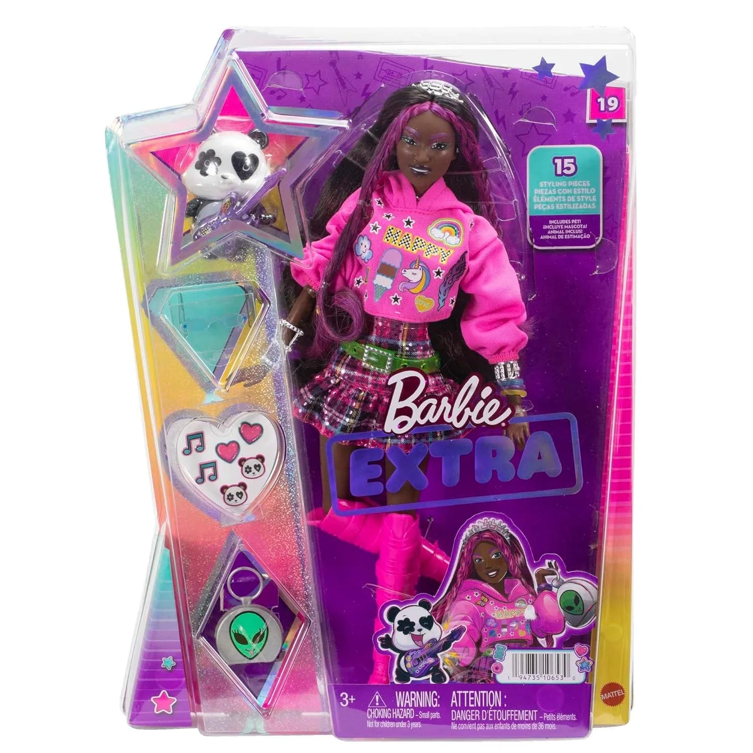 Barbie Doll with Pet Panda, Extra, Kids Toys, Clothes and Accessories, Pink-Streaked Brunette Hair, Graphic Hoodie and Plaid Skirt