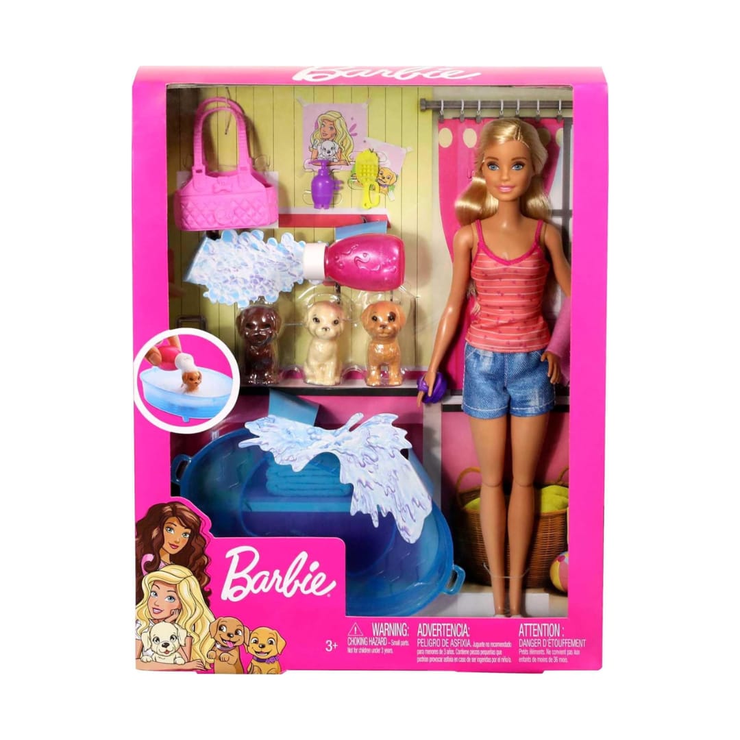 Barbie Doll, Blonde, and Playset with 3 Puppies, Bathtub and Accessories