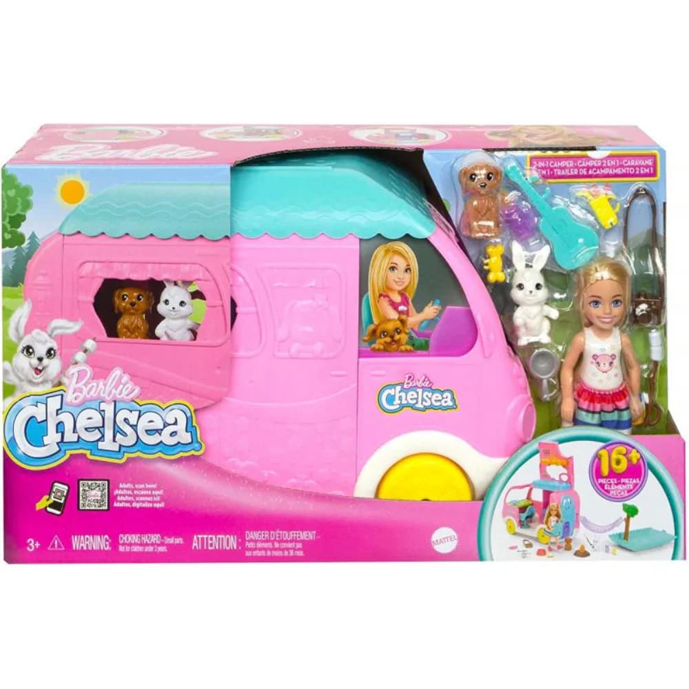 Barbie Chelsea 2-in-1 Camper Playset with Chelsea Doll, 2 Pets & 15 Accessories and transforming vehicle