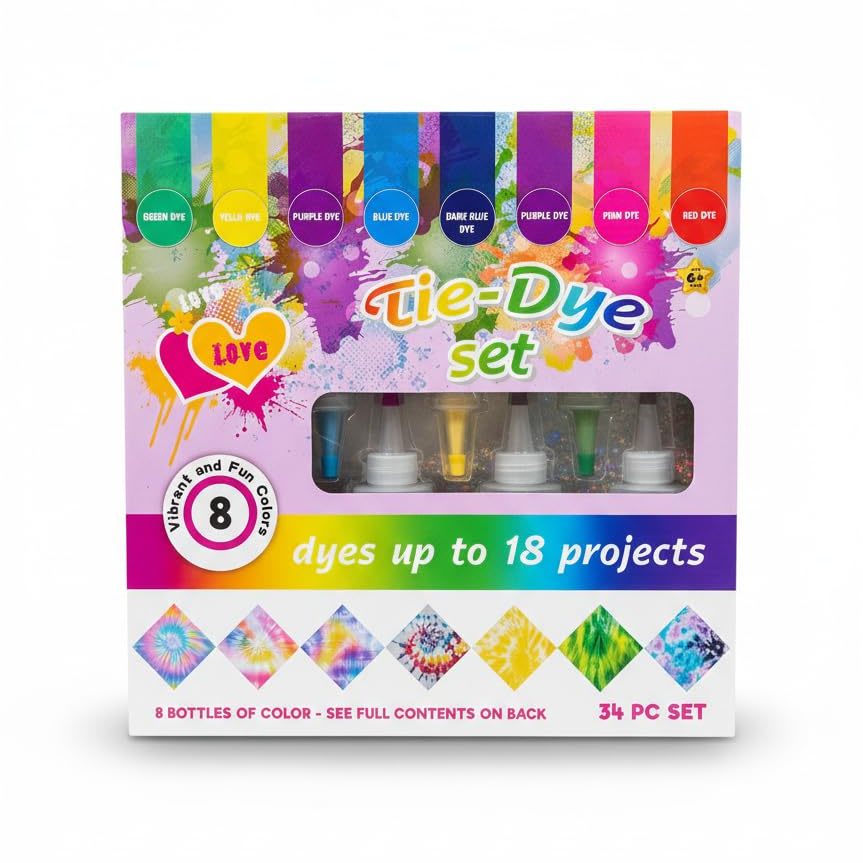STRIDERS DIY Tie-Dye Set for Kids & Adults – 32-Piece Fabric Color Kit with 8 Dye Bottles