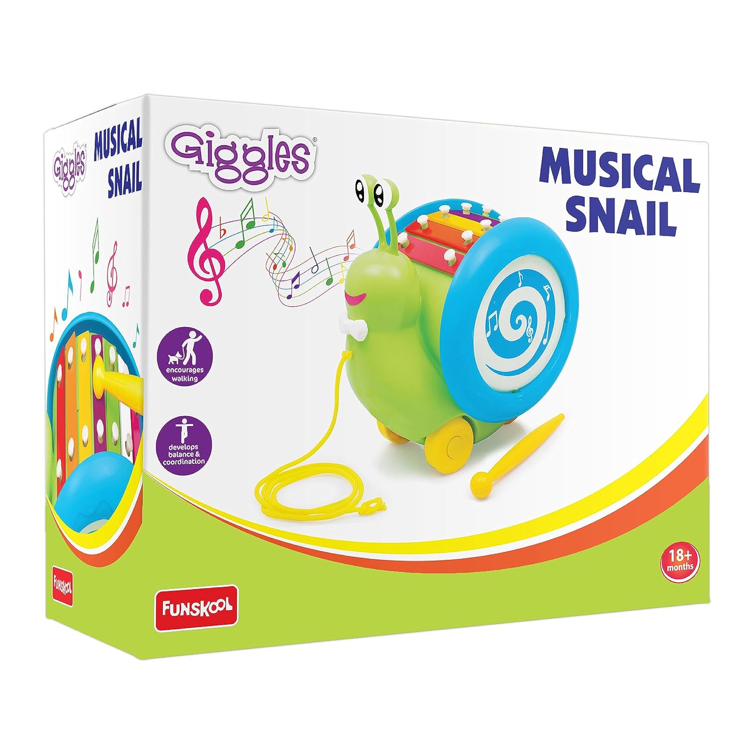 Funskool 3 in 1 Pull Along Musical Snail Toy with Xylophone & Drum Set for Kids