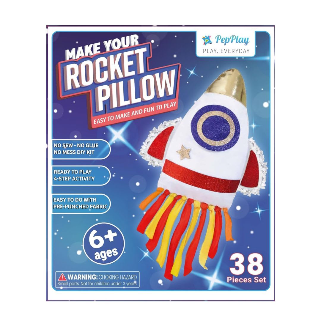 PepPlay Rocket DIY Pillow Kit – 38 Piece Space Theme No-Sew Cushion Craft Kit for Kids