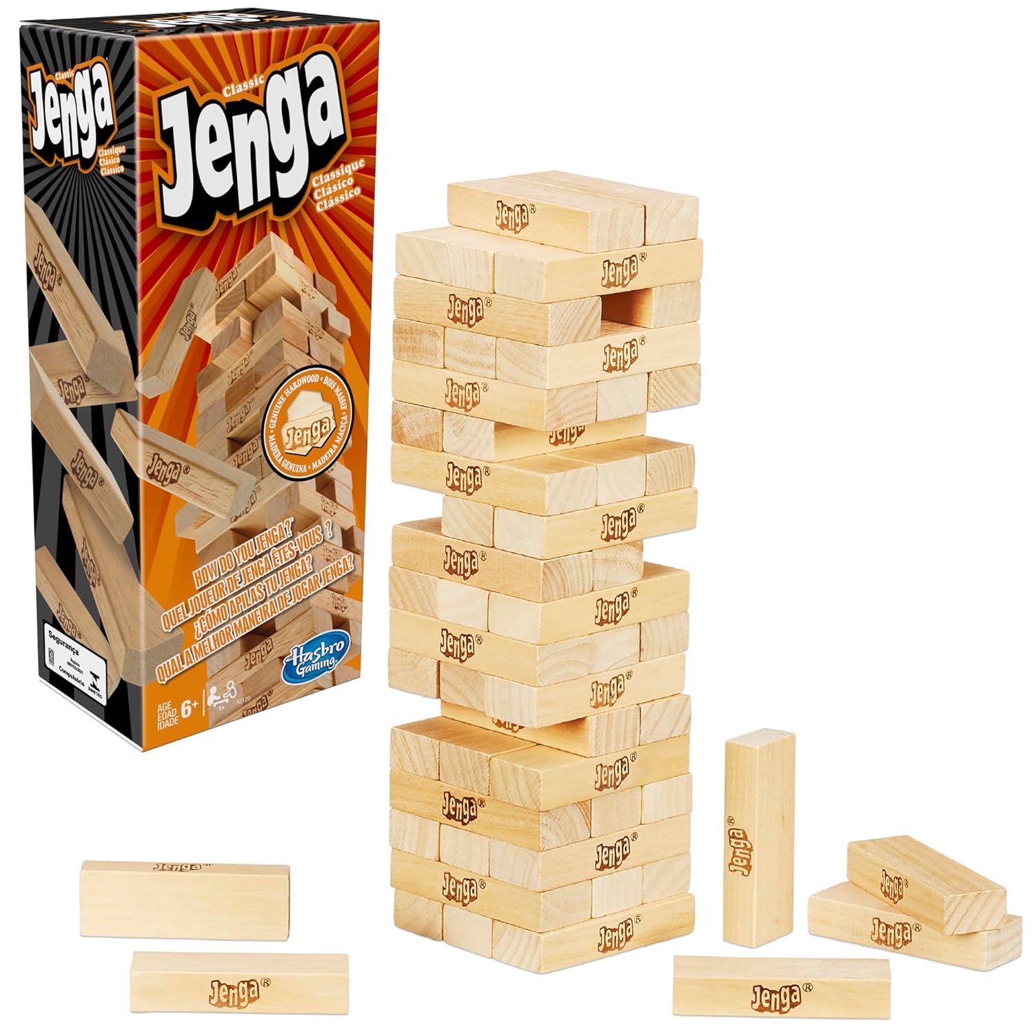 Hasbro Gaming Jenga Classic Wooden Block Stacking Game for Kids & Families