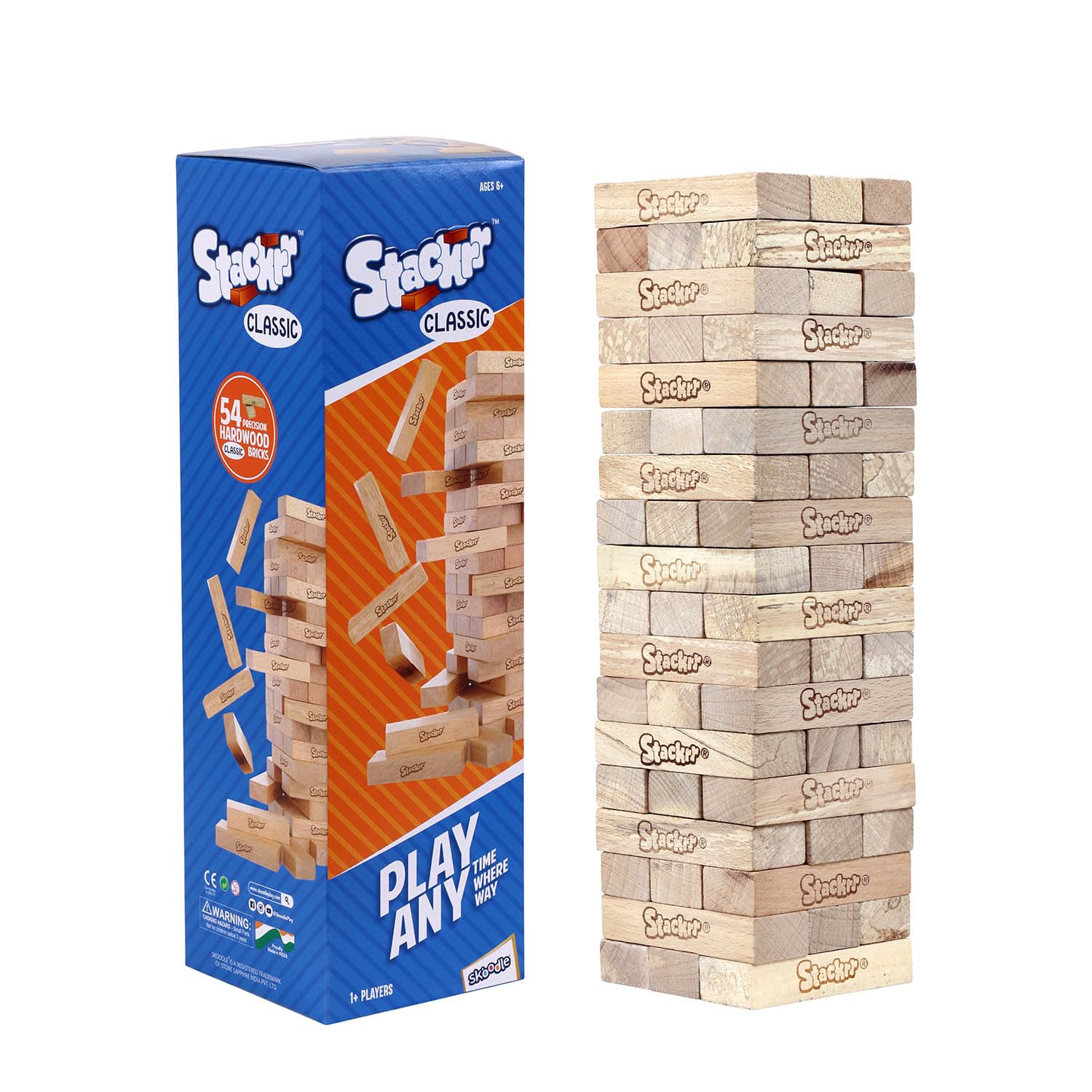 SKOODLE Stackrr Classic Tumbling Tower Game with 54 Premium Wooden Blocks for Kids & Adults