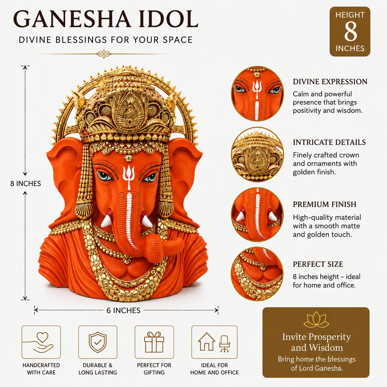 8-Inch Orange & Gold Ganesha Idol for Home Decor & Office | Handcrafted Decorative Ganesh Murti | Premium Finish | Gift for Housewarming and other occasions