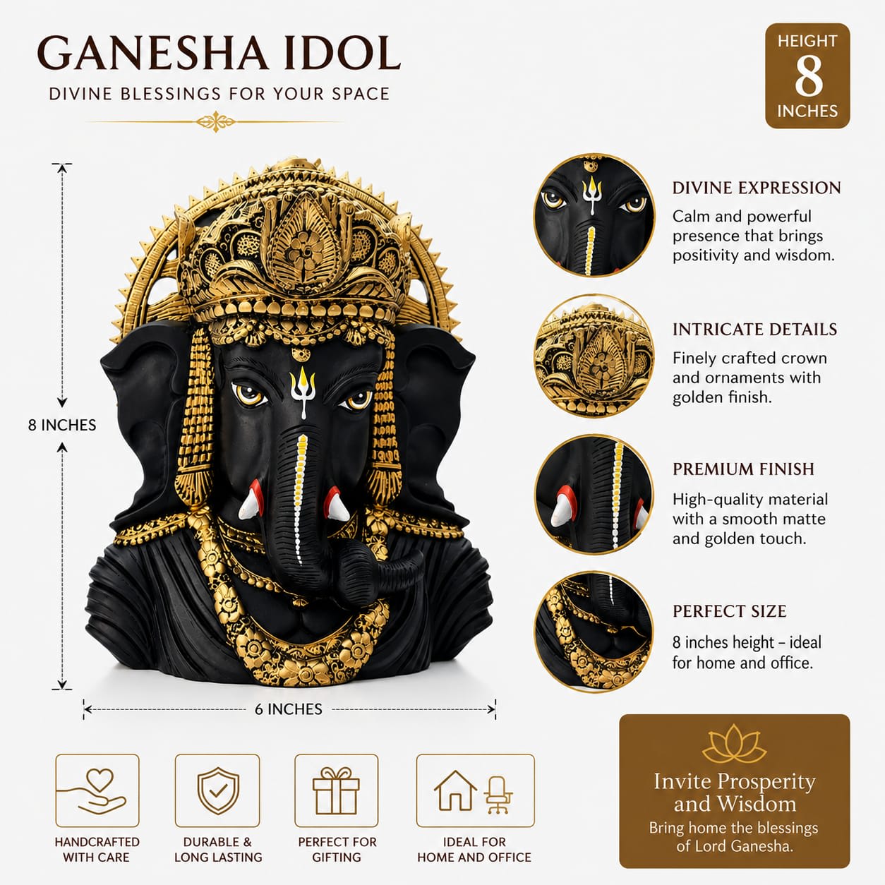 8-Inch Black & Gold Ganesha Idol for Home Decor & Office | Handcrafted Decorative Ganesh Murti | Premium Finish | Gift for Housewarming and other occasions