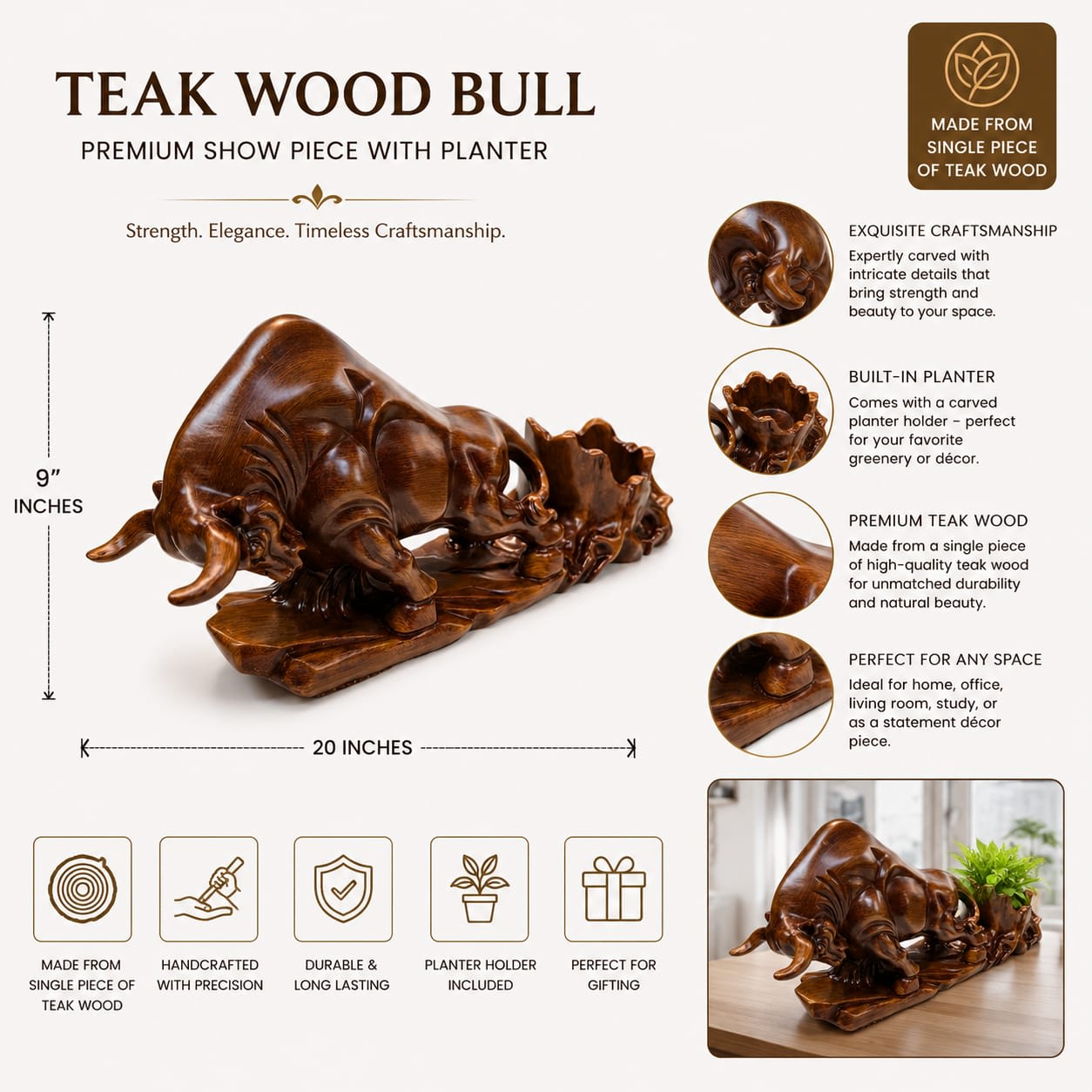 Handcrafted Teak Wood Bull Showpiece with Built-In Planter – 20 Inch Decorative Wooden Sculpture | Premium Home & Office Décor | Single Piece Teak Wood Craft