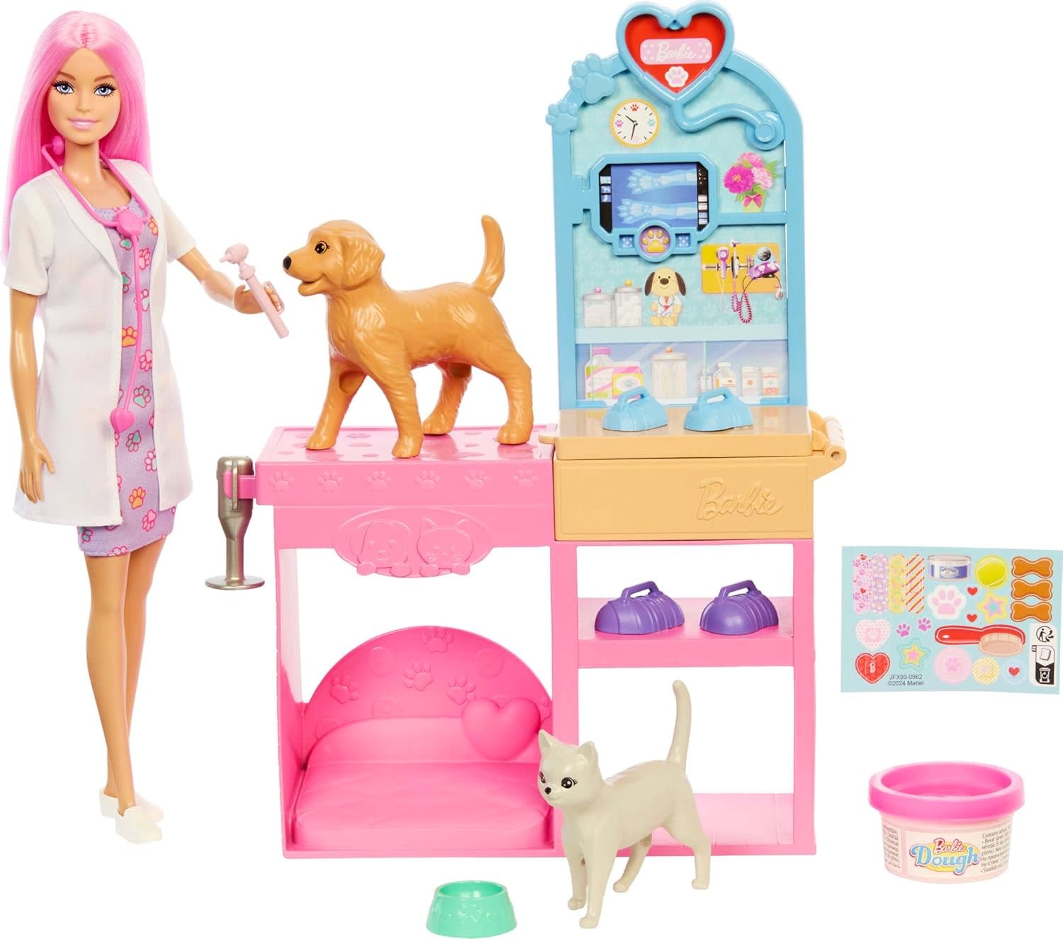 Barbie Fast Cast Veterinarian Clinic Playset with Pink Colored Hair Fashion Doll, Vet Furniture & 10+ Accessories Including Molds & Dough for Bandages