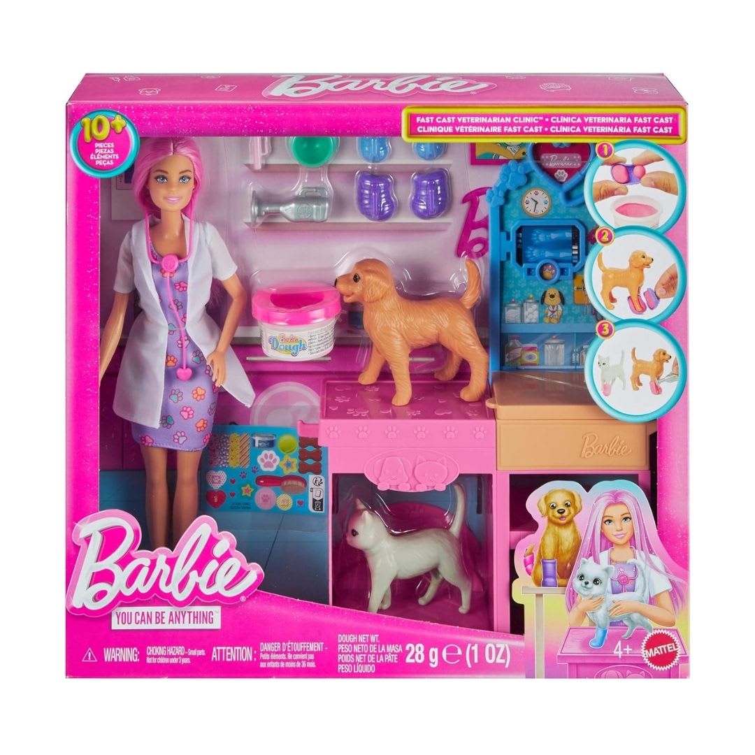 Barbie Fast Cast Veterinarian Clinic Playset with Pink Colored Hair Fashion Doll, Vet Furniture & 10+ Accessories Including Molds & Dough for Bandages