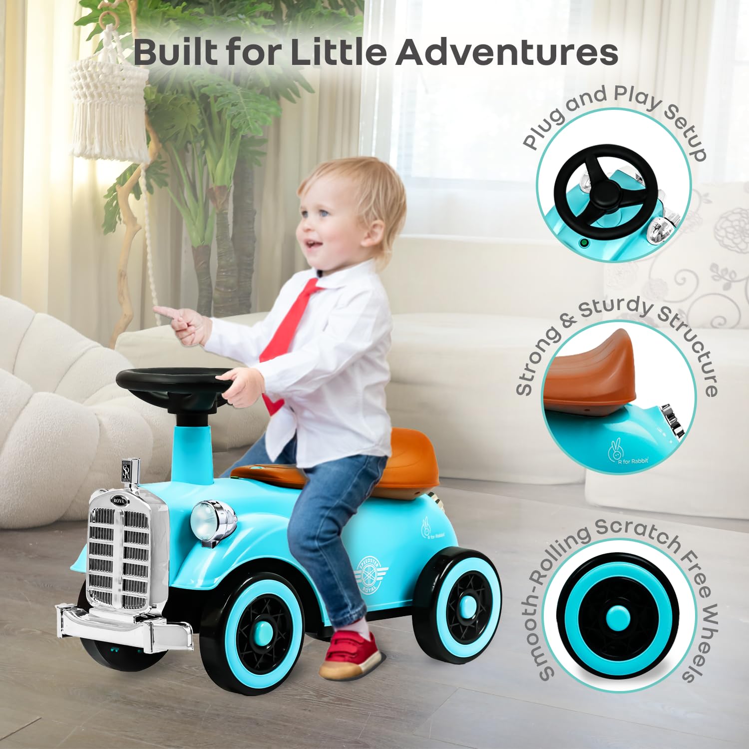 R for Rabbit Speedster Royal Ride-On Car Blue Brown β Vintage Style Fun for Little Riders!
