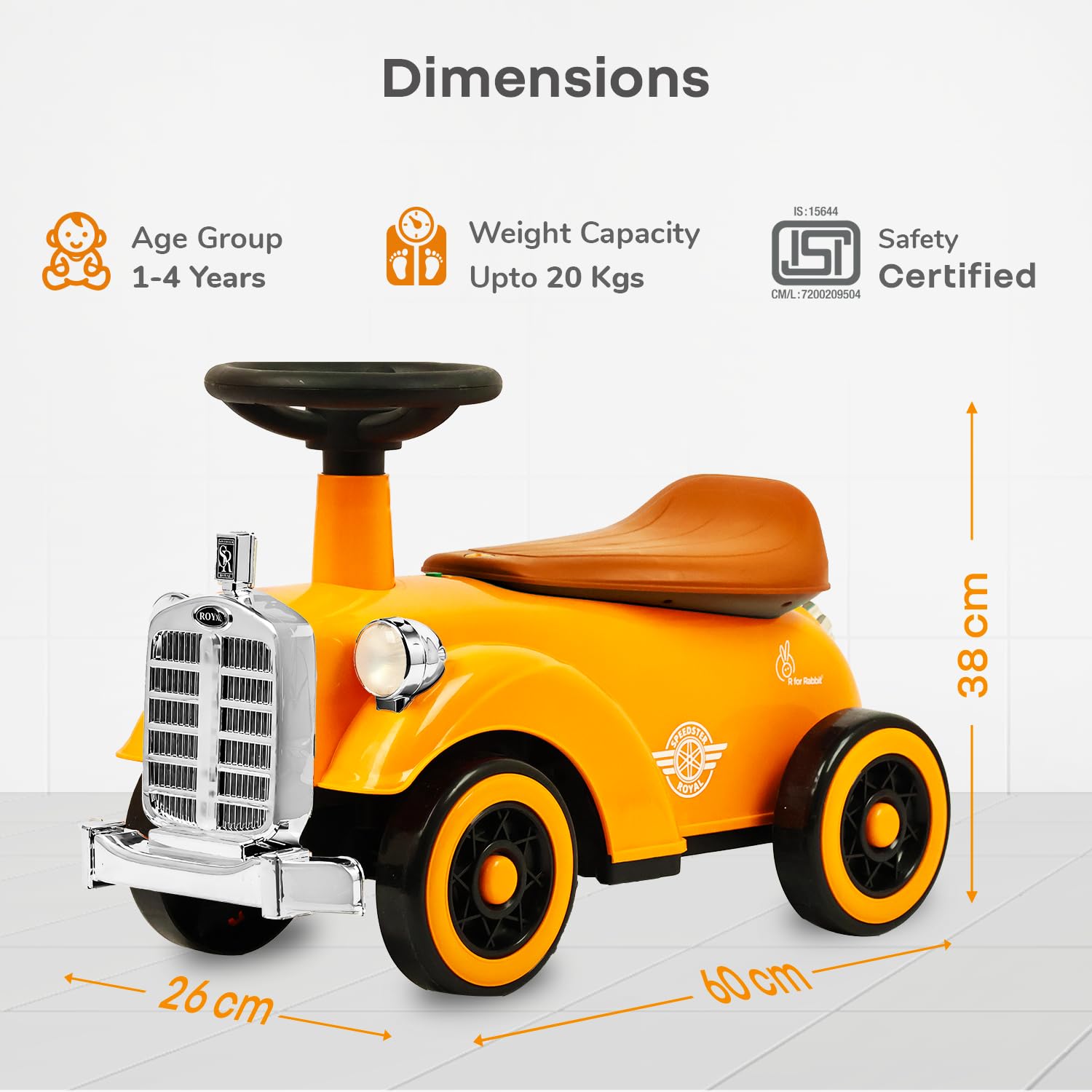 R for Rabbit Speedster Royal Ride-On Car Orange Brown β Vintage Style Fun for Little Riders!
