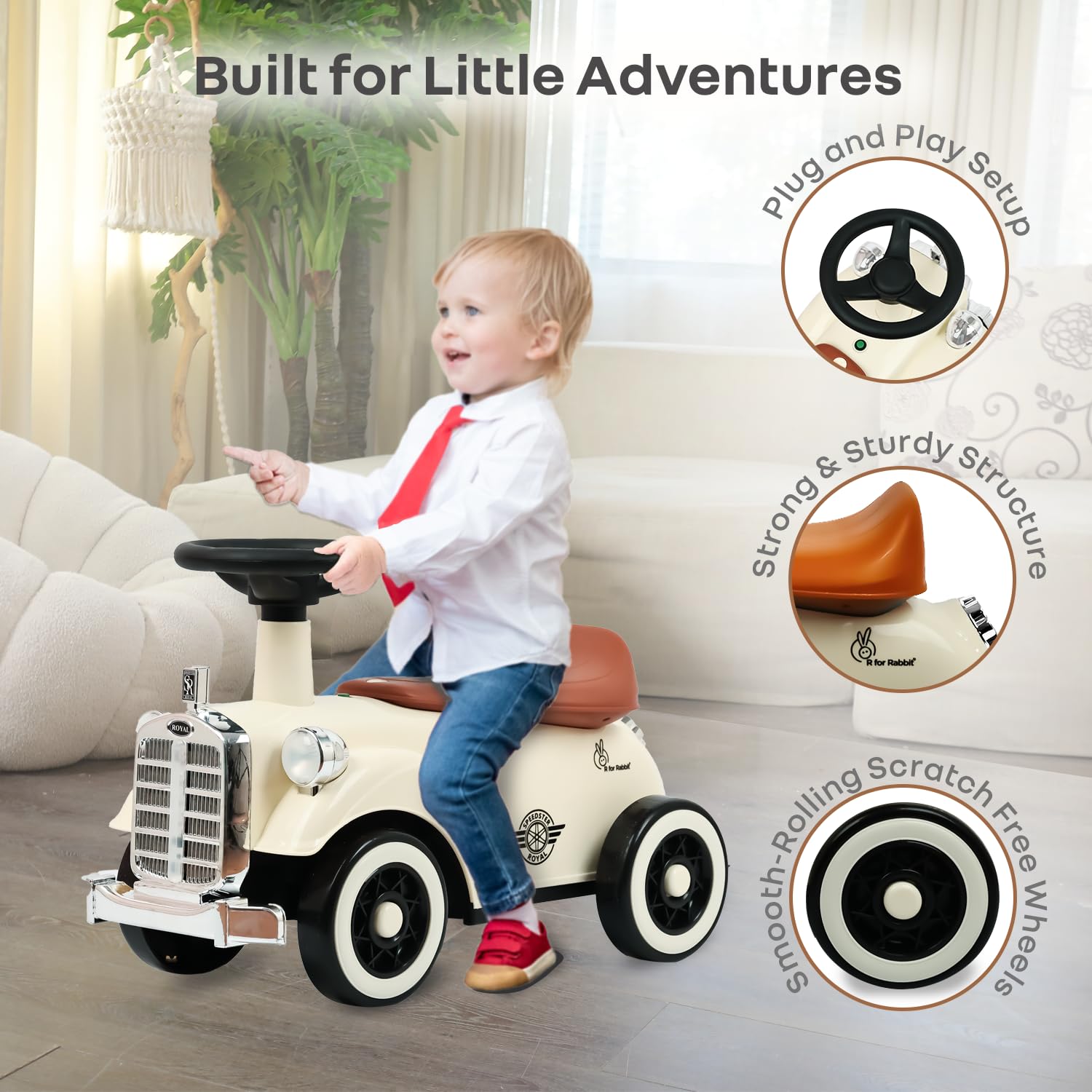 R for Rabbit Speedster Royal Ride-On Car Cream Brown β Vintage Style Fun for Little Riders!