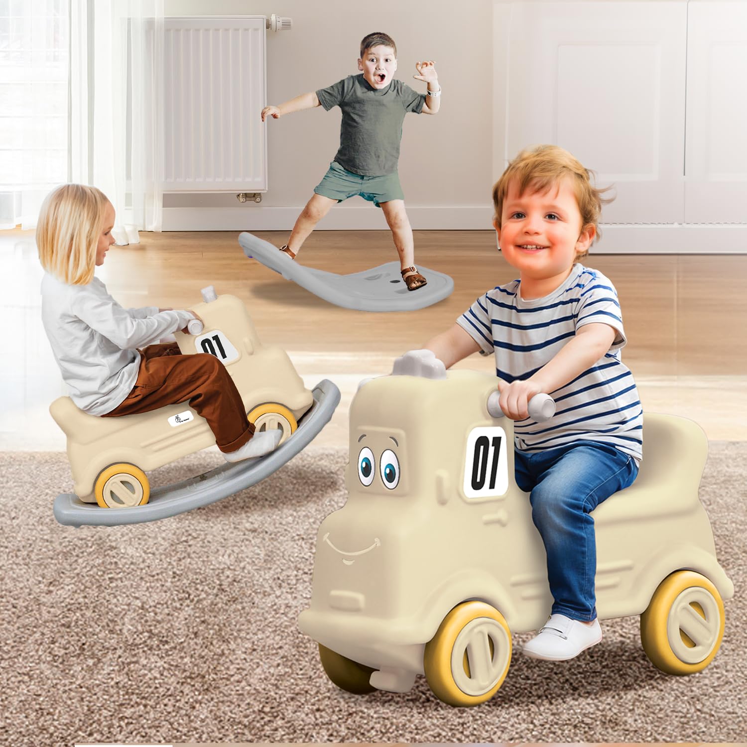 R for Rabbit Rock N Ride 3-in-1 Baby Push Ride-On Car with Rocker & Balance Board for Kids 1-4 Years Beige Grey