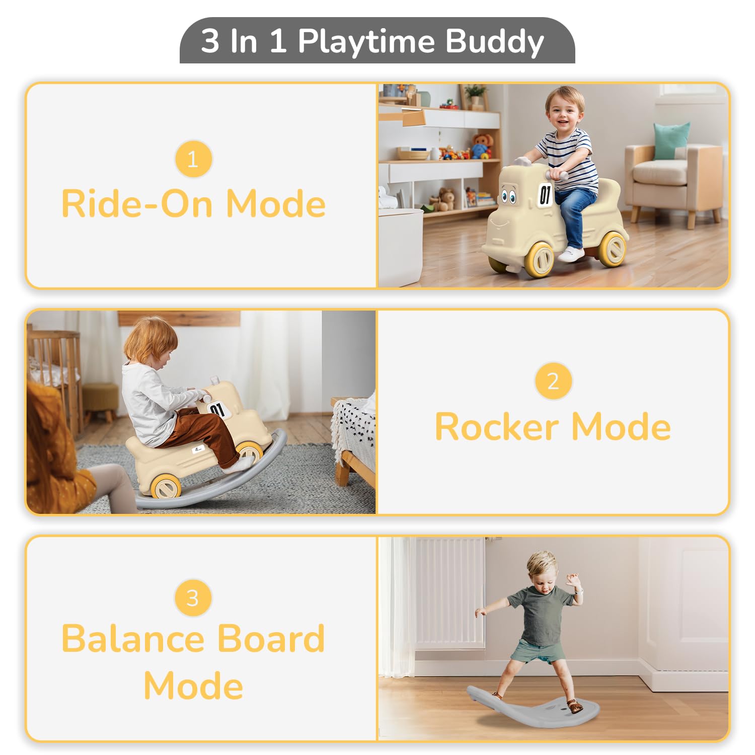 R for Rabbit Rock N Ride 3-in-1 Baby Push Ride-On Car with Rocker & Balance Board for Kids 1-4 Years Beige Grey