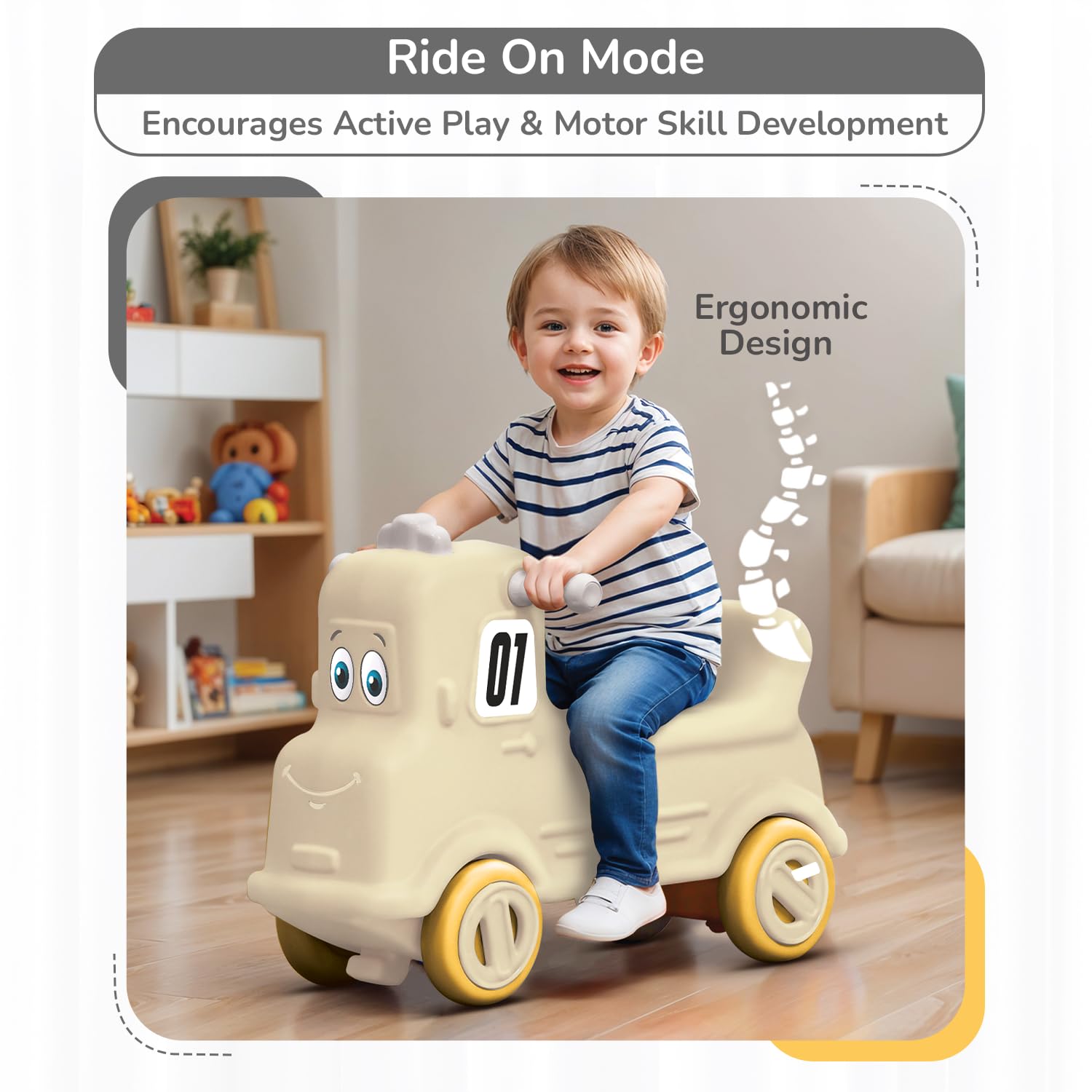 R for Rabbit Rock N Ride 3-in-1 Baby Push Ride-On Car with Rocker & Balance Board for Kids 1-4 Years Beige Grey