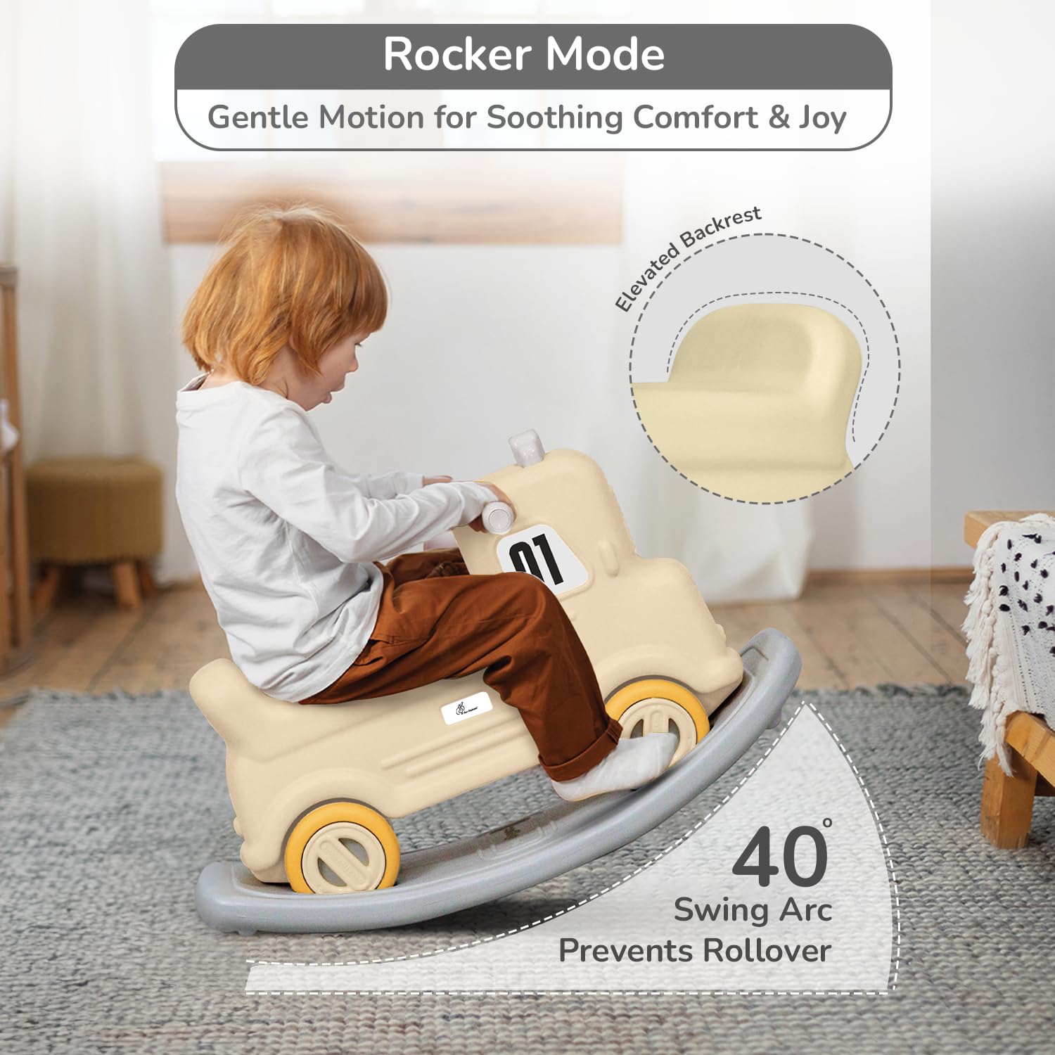 R for Rabbit Rock N Ride 3-in-1 Baby Push Ride-On Car with Rocker & Balance Board for Kids 1-4 Years Beige Grey