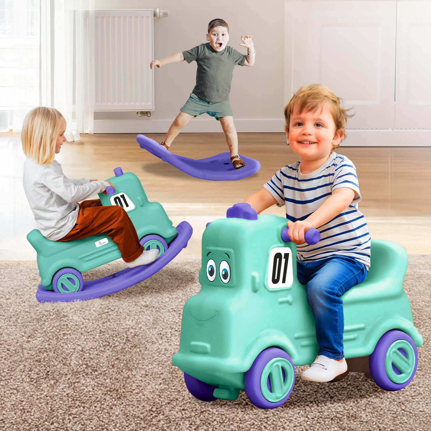 R for Rabbit Rock N Ride 3-in-1 Baby Push Ride-On Car with Rocker & Balance Board for Kids 1-4 Years Green Purple