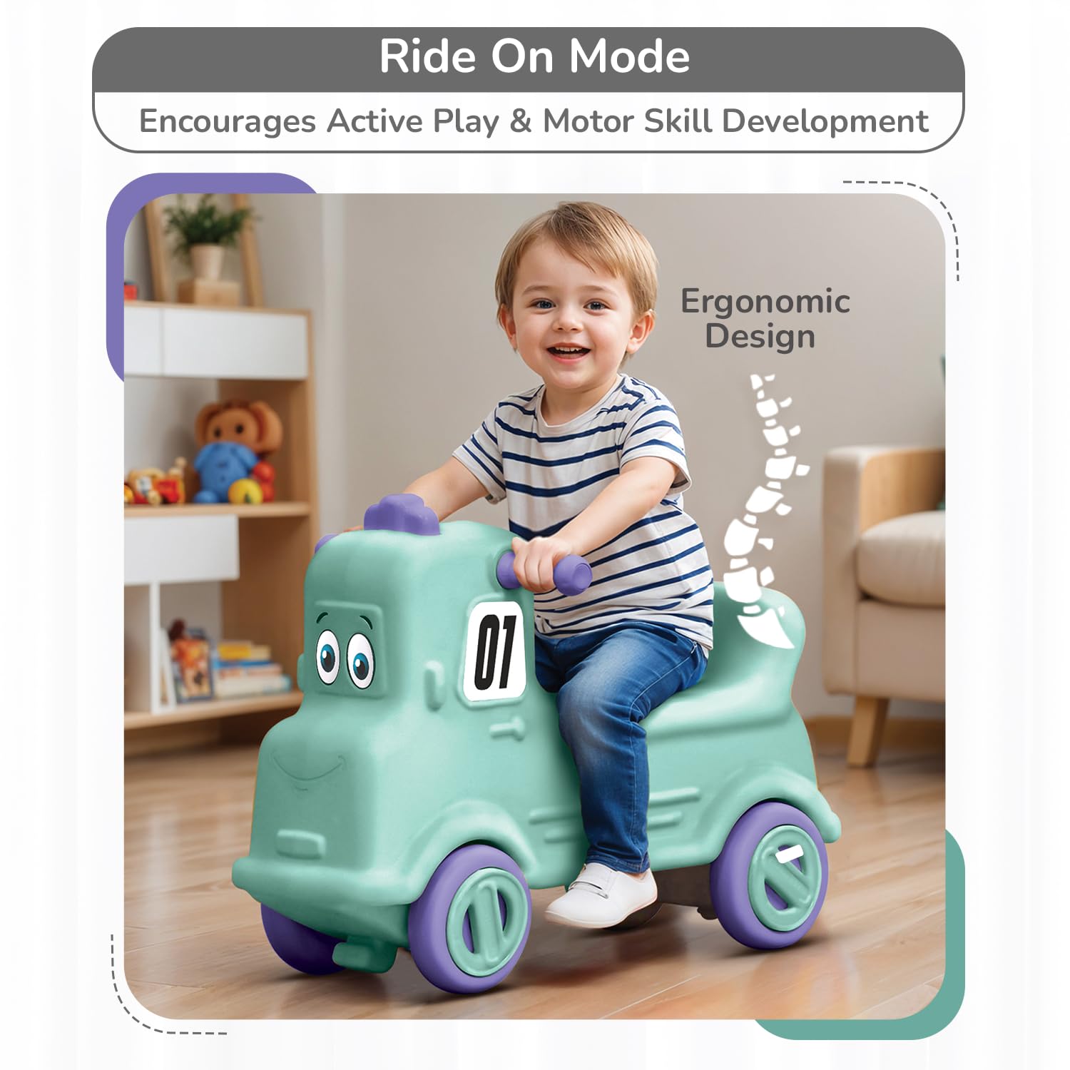 R for Rabbit Rock N Ride 3-in-1 Baby Push Ride-On Car with Rocker & Balance Board for Kids 1-4 Years Green Purple