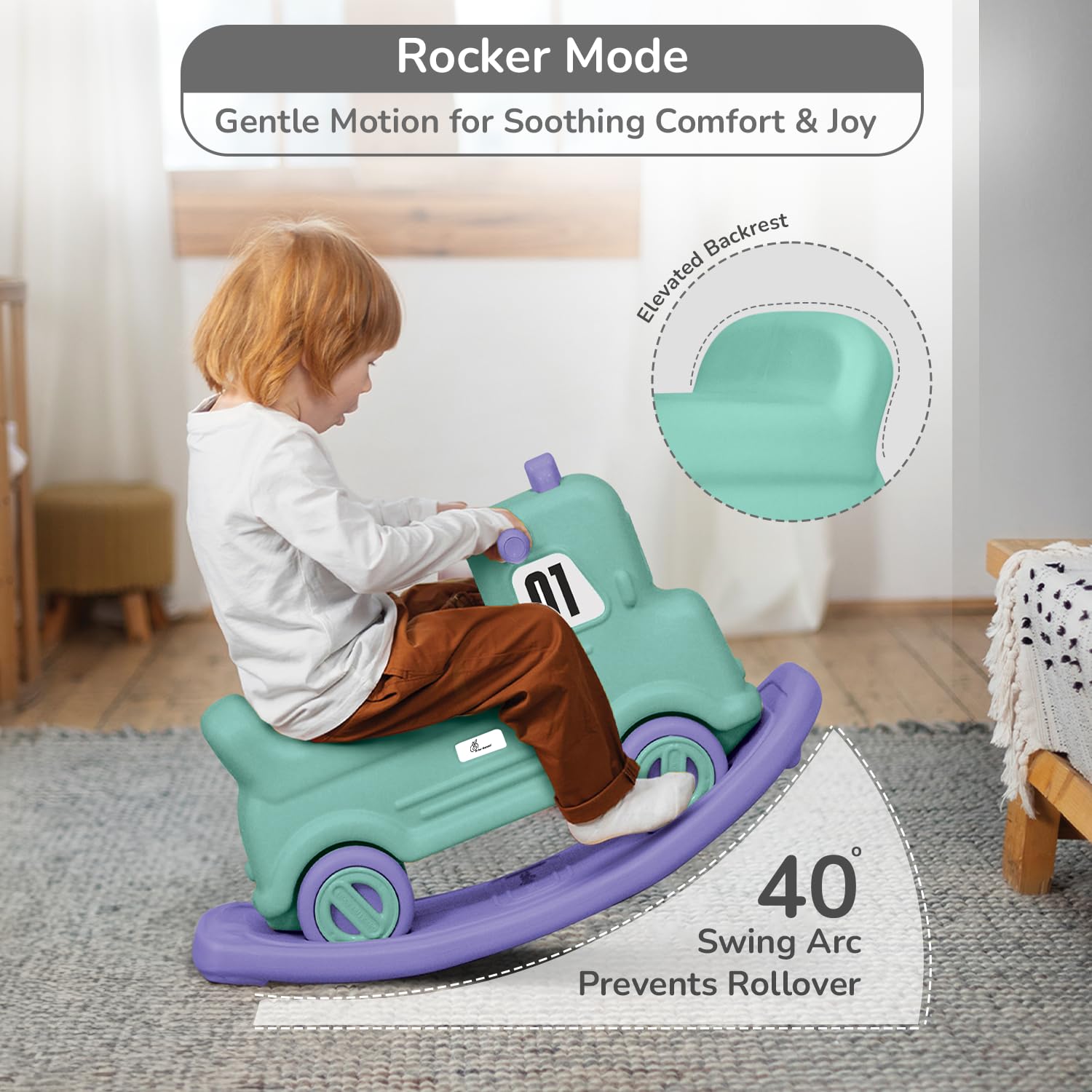 R for Rabbit Rock N Ride 3-in-1 Baby Push Ride-On Car with Rocker & Balance Board for Kids 1-4 Years Green Purple