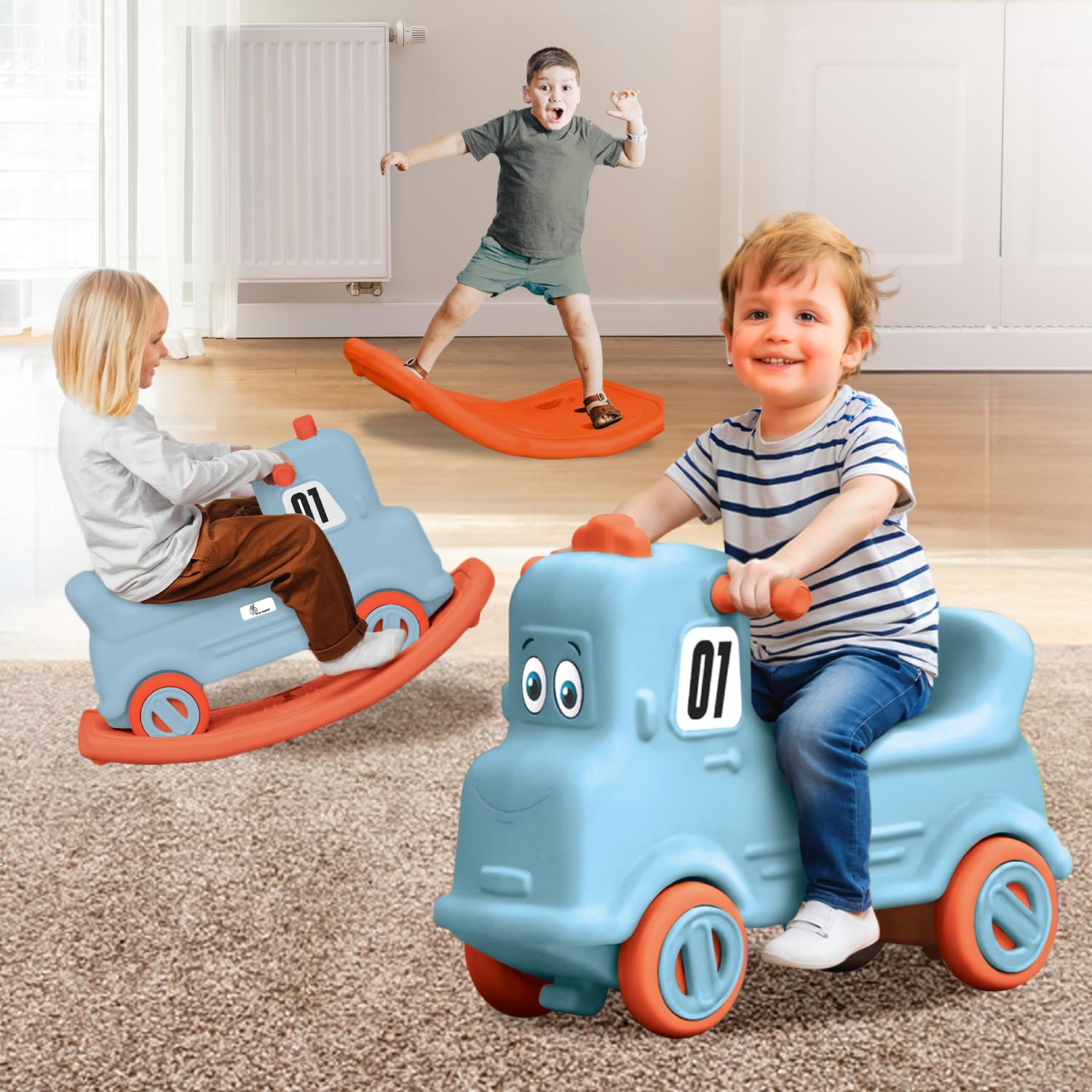 R for Rabbit Rock N Ride 3-in-1 Baby Push Ride-On Car with Rocker & Balance Board for Kids 1-4 Years Blue Orange