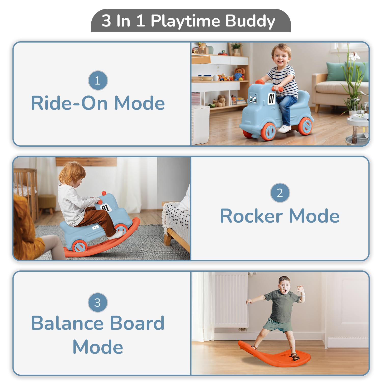 R for Rabbit Rock N Ride 3-in-1 Baby Push Ride-On Car with Rocker & Balance Board for Kids 1-4 Years Blue Orange