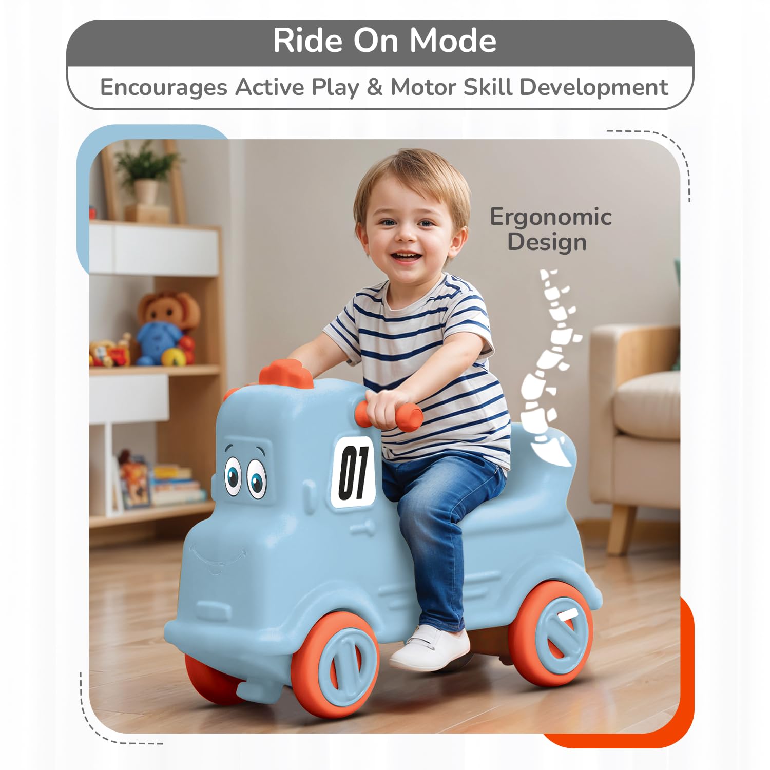 R for Rabbit Rock N Ride 3-in-1 Baby Push Ride-On Car with Rocker & Balance Board for Kids 1-4 Years Blue Orange