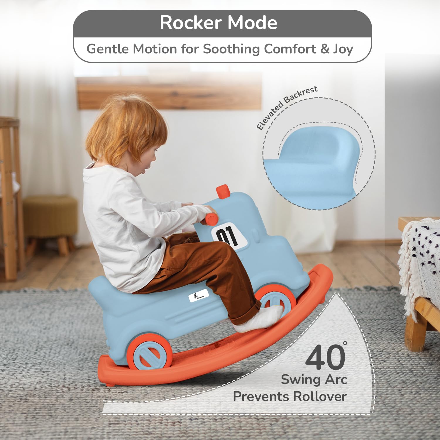R for Rabbit Rock N Ride 3-in-1 Baby Push Ride-On Car with Rocker & Balance Board for Kids 1-4 Years Blue Orange