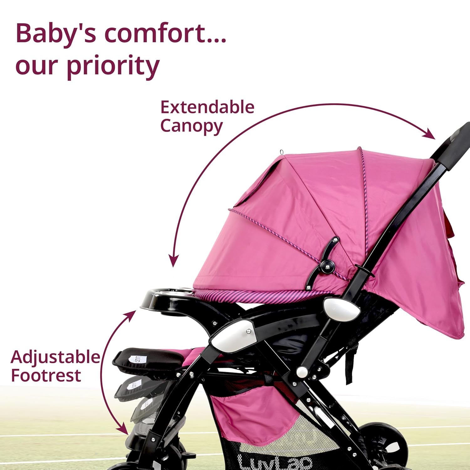 LuvLap Galaxy Baby Stroller & Pram Pink with Reversible Handle, 5-Point Safety Harness & Reclining Seat