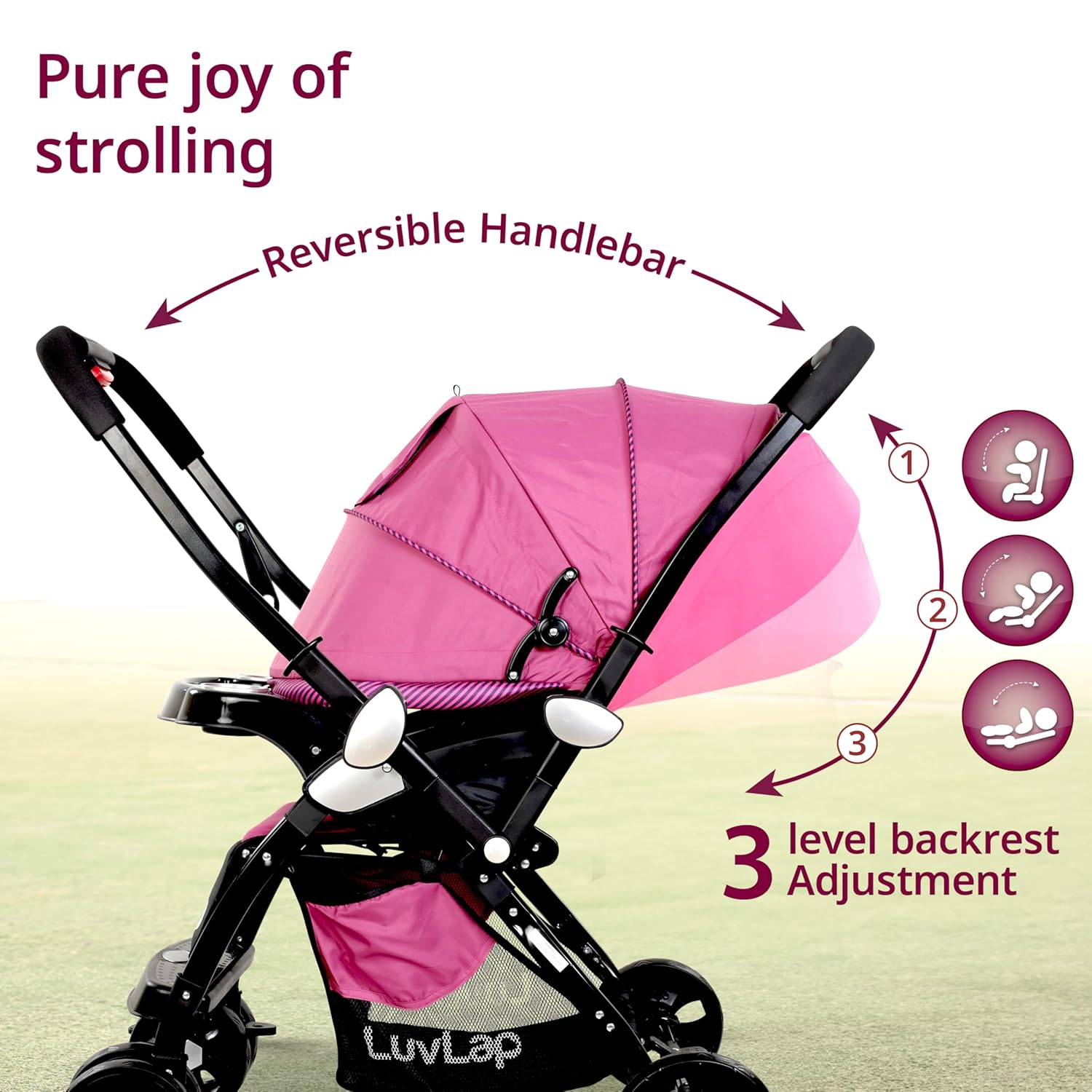 LuvLap Galaxy Baby Stroller & Pram Pink with Reversible Handle, 5-Point Safety Harness & Reclining Seat
