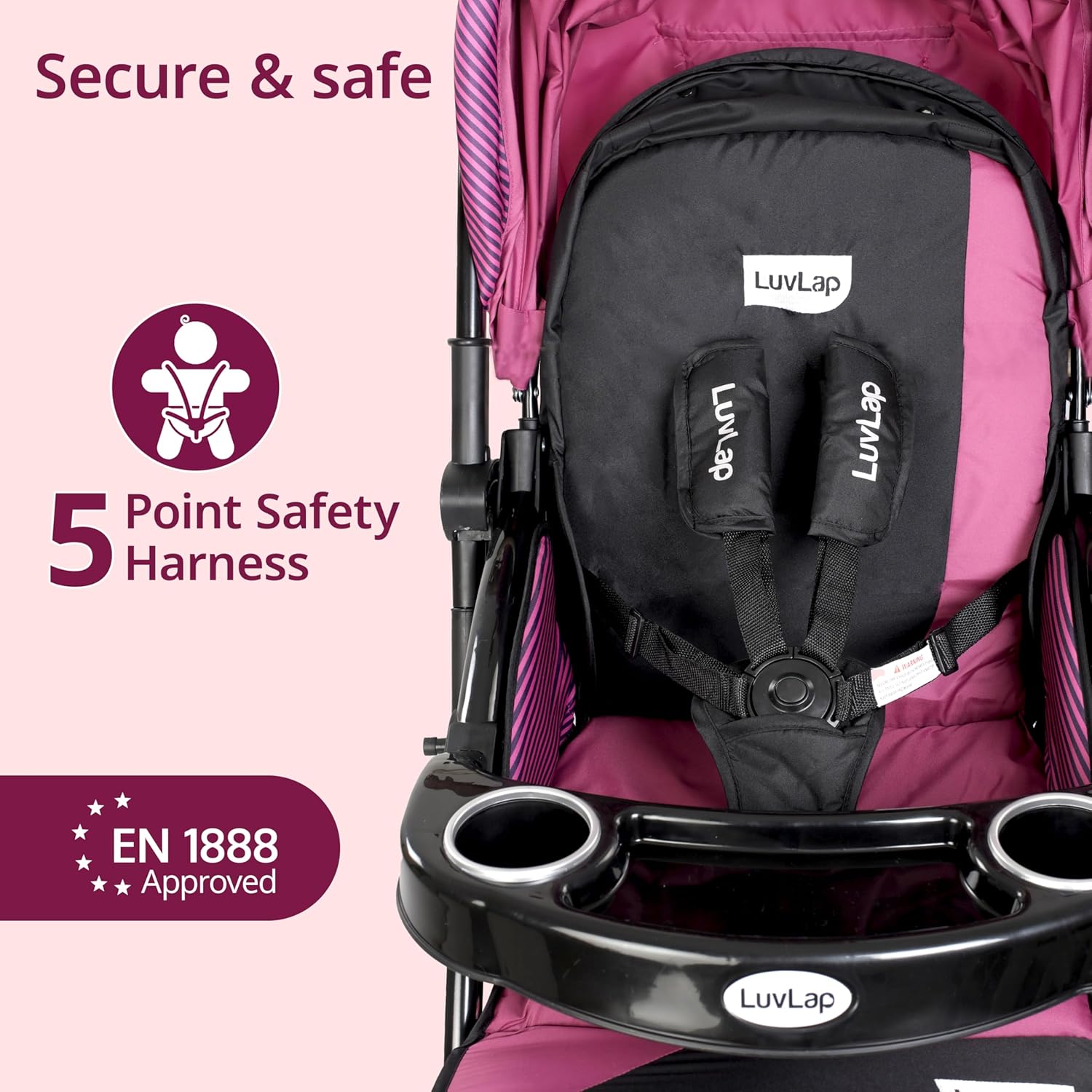 LuvLap Galaxy Baby Stroller & Pram Pink with Reversible Handle, 5-Point Safety Harness & Reclining Seat