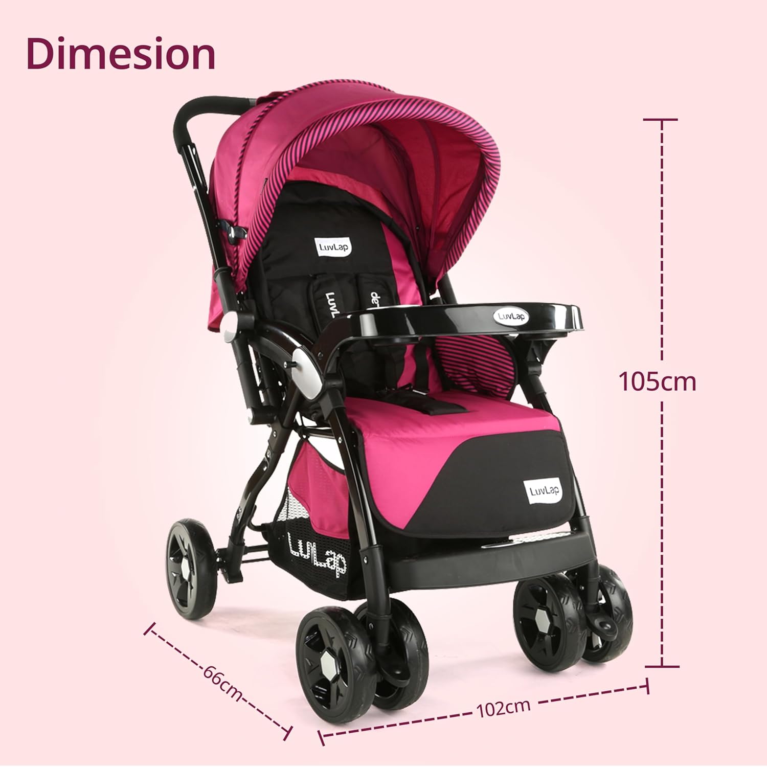 LuvLap Galaxy Baby Stroller & Pram Pink with Reversible Handle, 5-Point Safety Harness & Reclining Seat